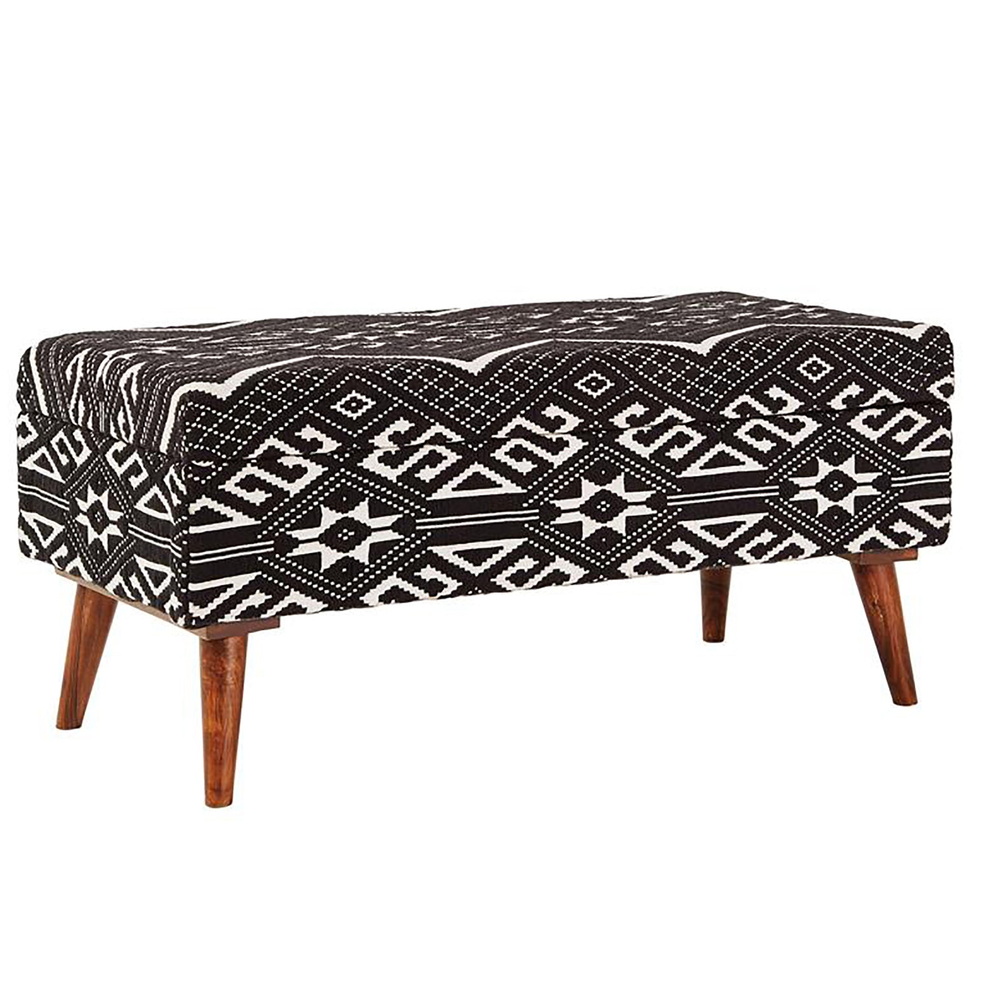 Black And White Upholstered Storage Bench Cushioned Black Brown Primary Living Space Cotton Or Cotton Blend Ikat Black Mid Century Modern Mango Wood Internal Storage Foam Fabric