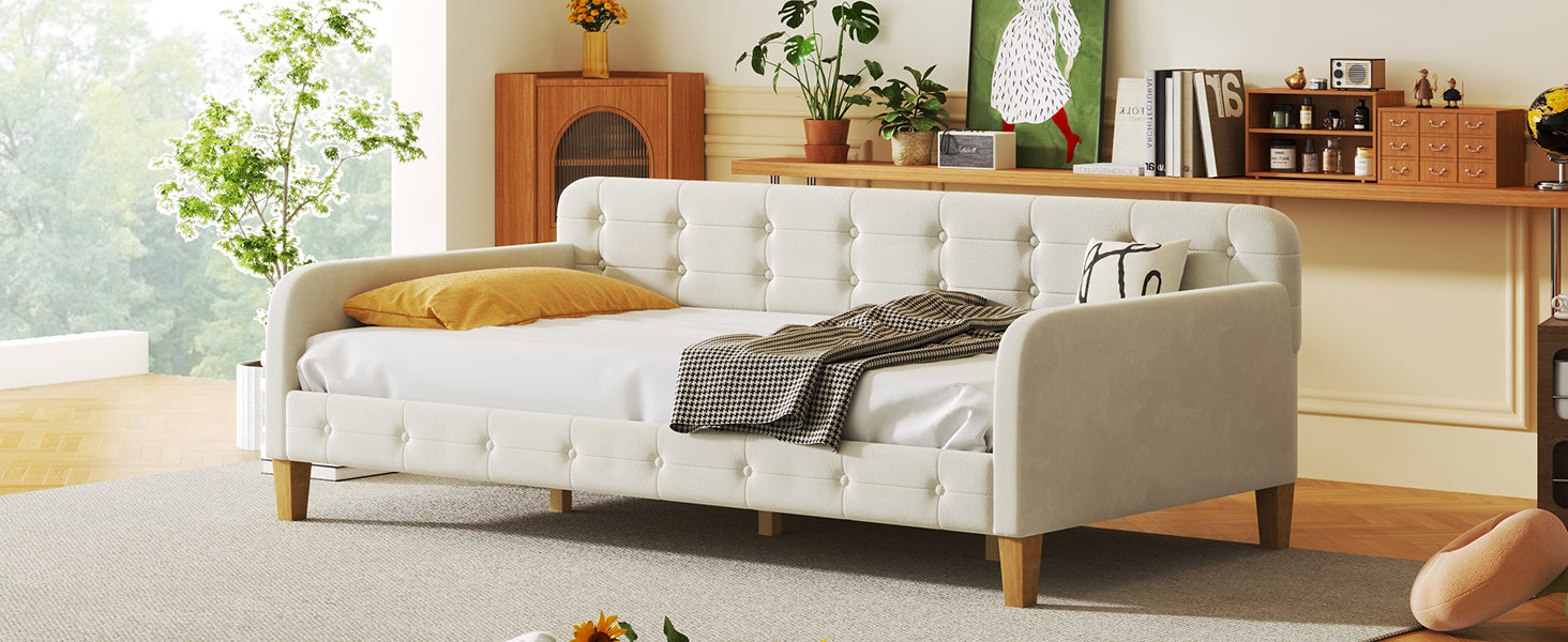 Twin Size Upholstered Daybed With 4 Support Legs, White Twin White Upholstered