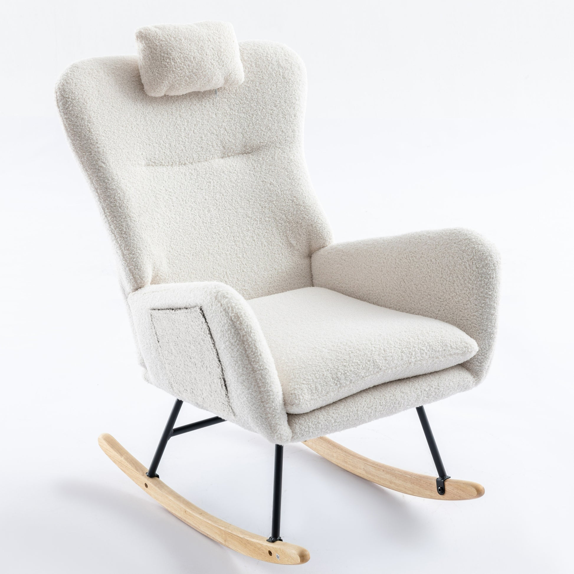 35.5 Inch Rocking Chair With Pocket, Soft Teddy Fabric Rocking Chair For Nursery, Comfy Wingback Glider Rocker With Safe Solid Wood Base For Living Room Bedroom Balcony White White Casual Foam Teddy