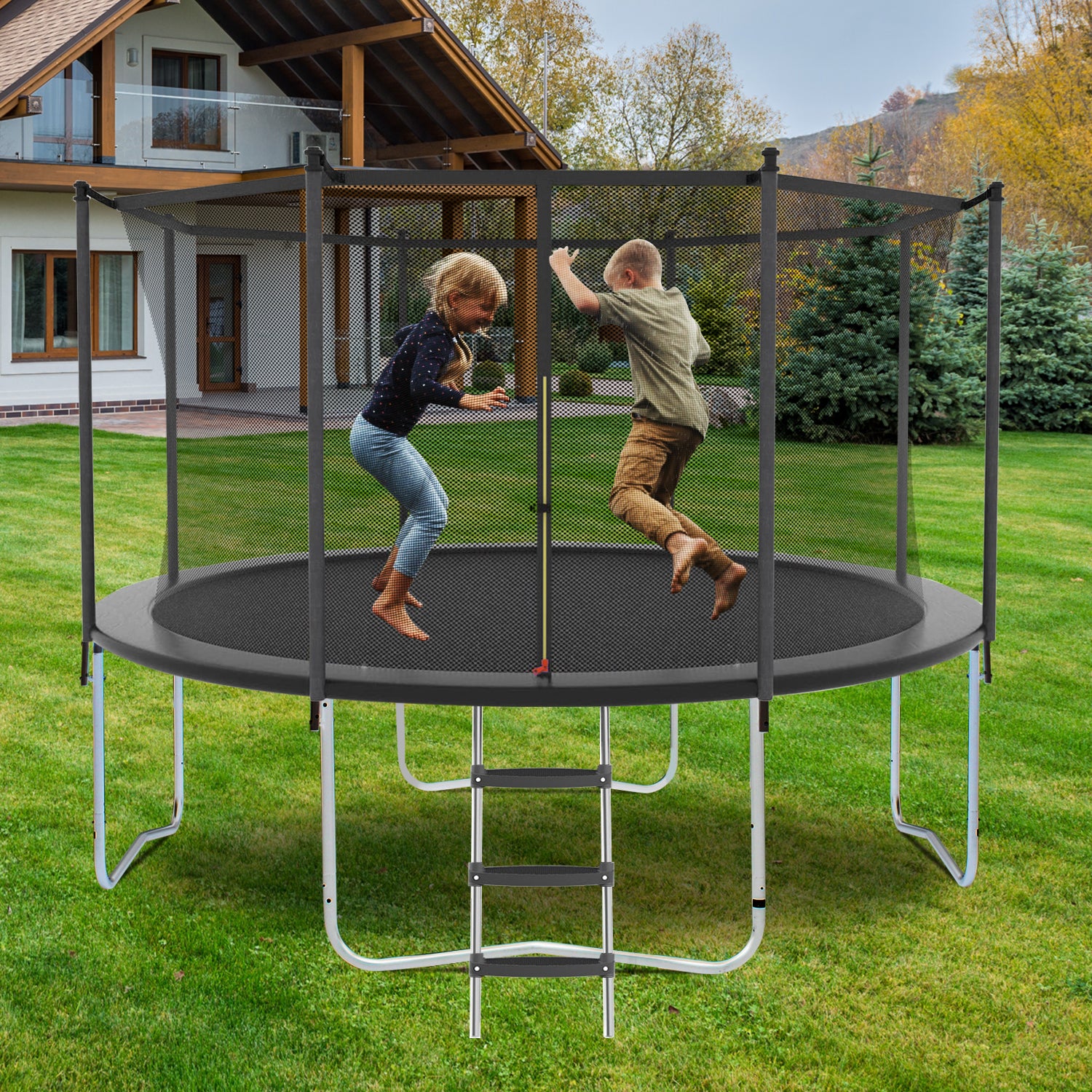 14Ft Trampoline With Safety Enclosure Net, Outdoor Trampoline With Heavy Duty Jumping Mat And Spring Cover Padding For Kids And Adults Gray Garden & Outdoor Iron