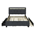 Queen Size Upholstered Platform Bed With Led Frame, With Twin Xl Size Trundle And 2 Drawers, Linen Fabric, Gray Gray Linen