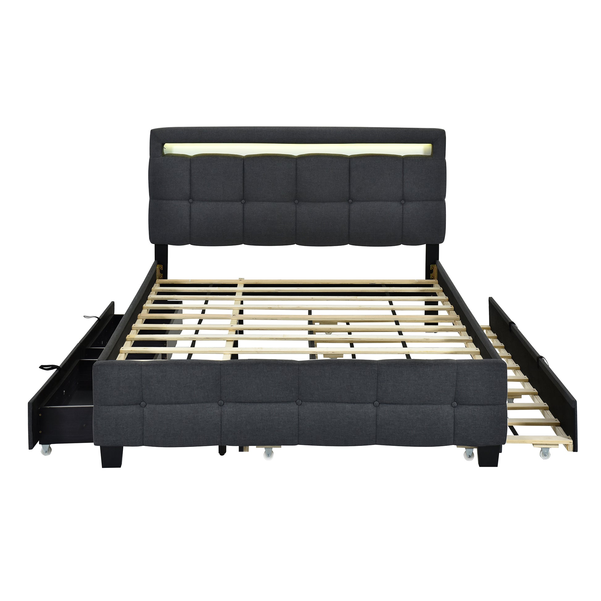 Queen Size Upholstered Platform Bed With Led Frame, With Twin Xl Size Trundle And 2 Drawers, Linen Fabric, Gray Gray Linen