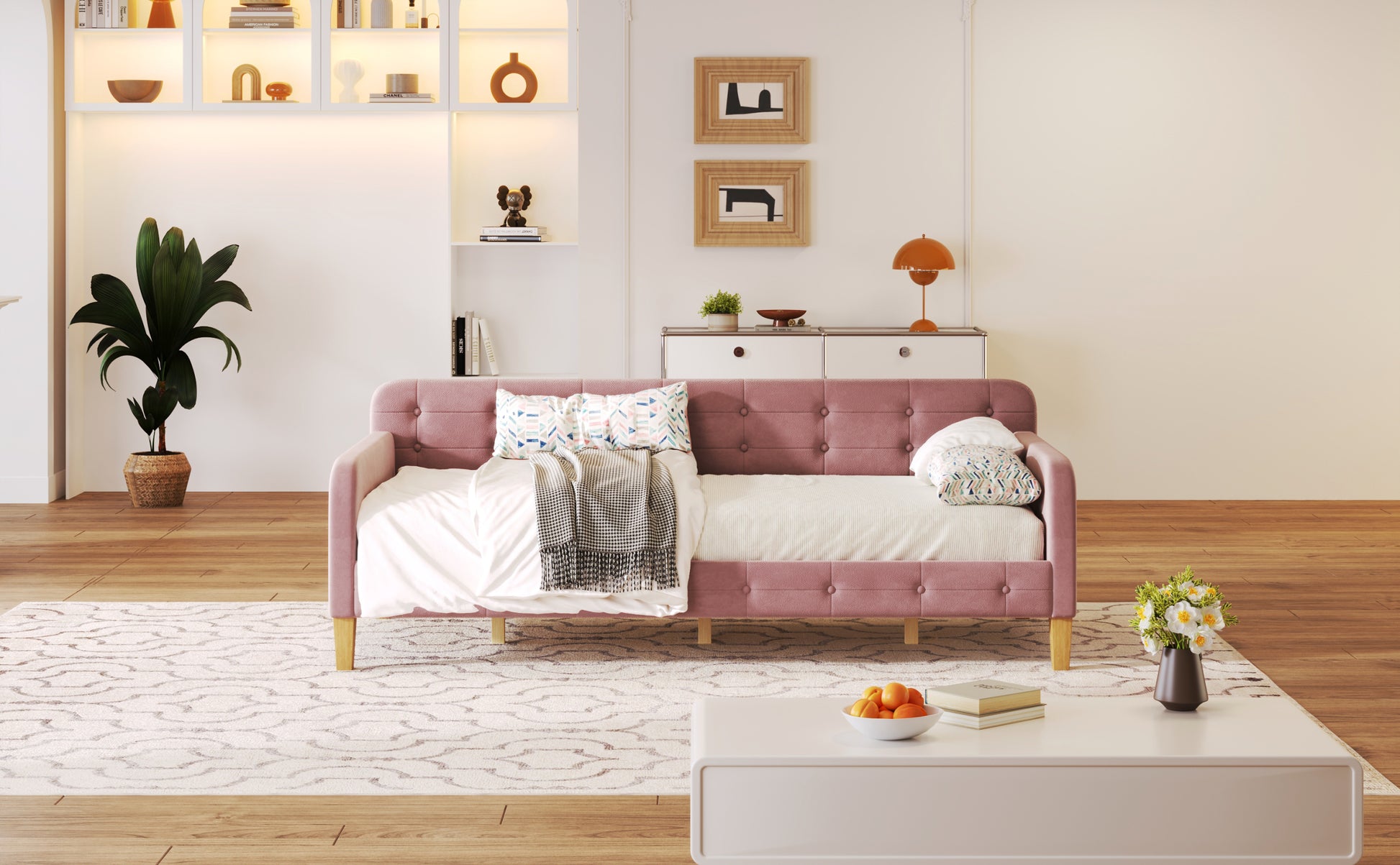 Twin Size Upholstered Daybed With 4 Support Legs, Pink Twin Pink Upholstered