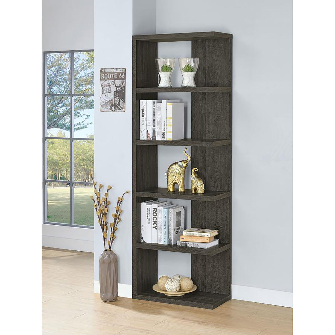 Weathered Grey 5 Shelf Bookcase 5 Grey Gray Corner Vertical Office Open Back Wood Transitional Wood