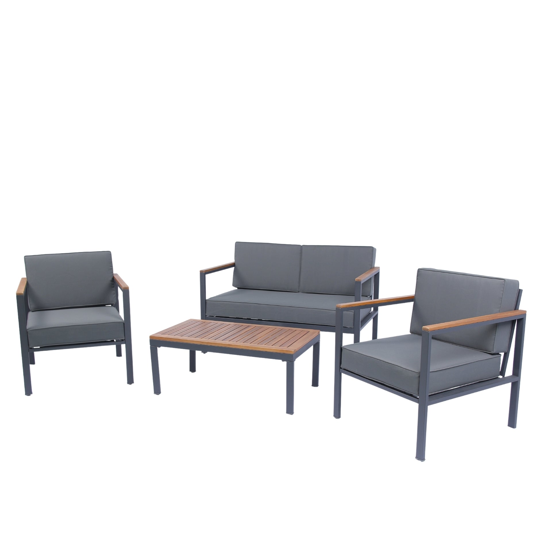 4 Piece Outdoor Sofa Set With Acacia Wood Top, Padded Patio Conversation Table Chair Set W Coffee Table For Garden, Backyard, Poolside Dark Grey Cushion Yes Complete Patio Set Dark Grey Rust Resistant Frame Mildew Resistant Cushion Garden & Outdoor