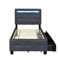 Twin Size Upholstered Platform Bed With Led Frame And 2 Drawers, Linen Fabric, Gray Gray Linen