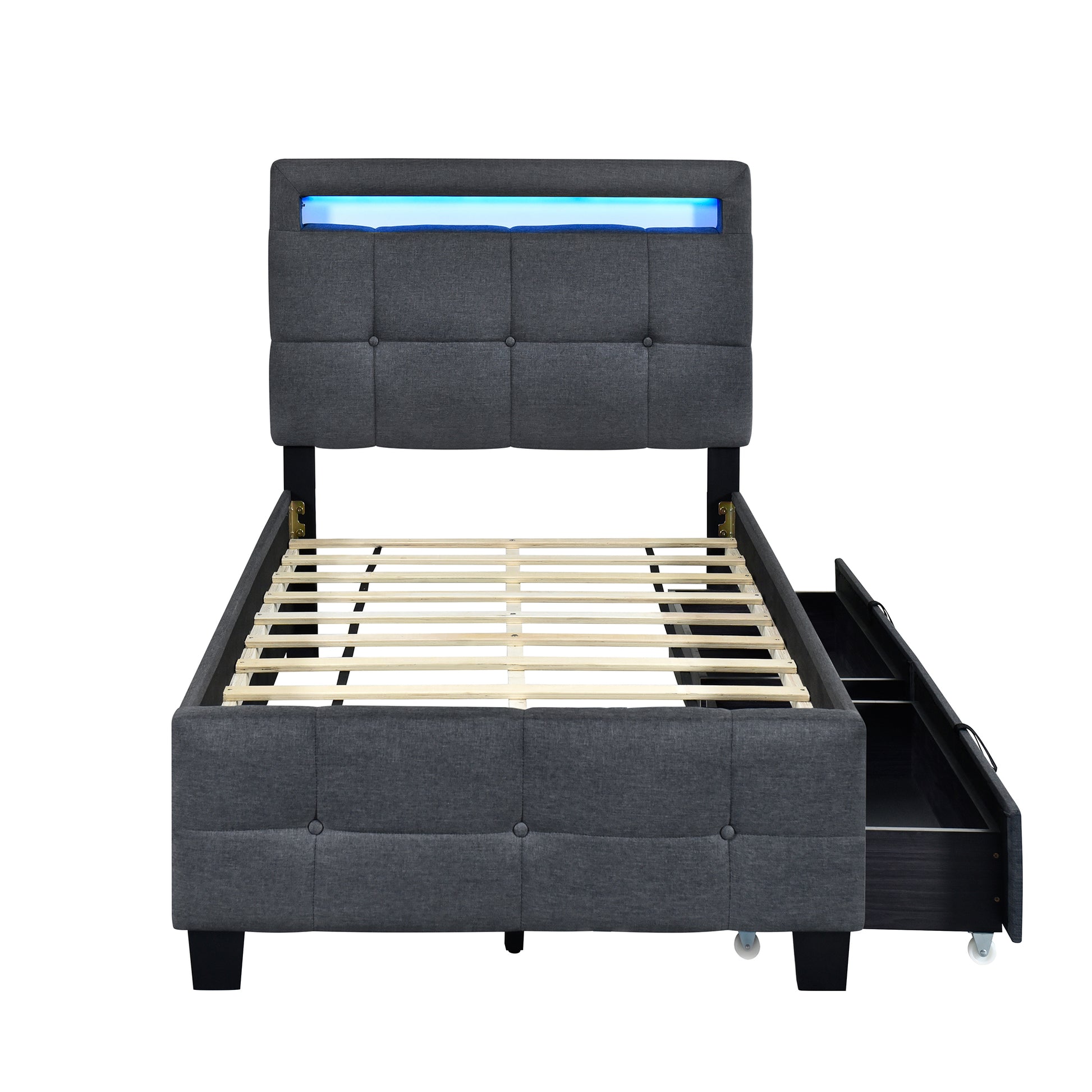 Twin Size Upholstered Platform Bed With Led Frame And 2 Drawers, Linen Fabric, Gray Gray Linen