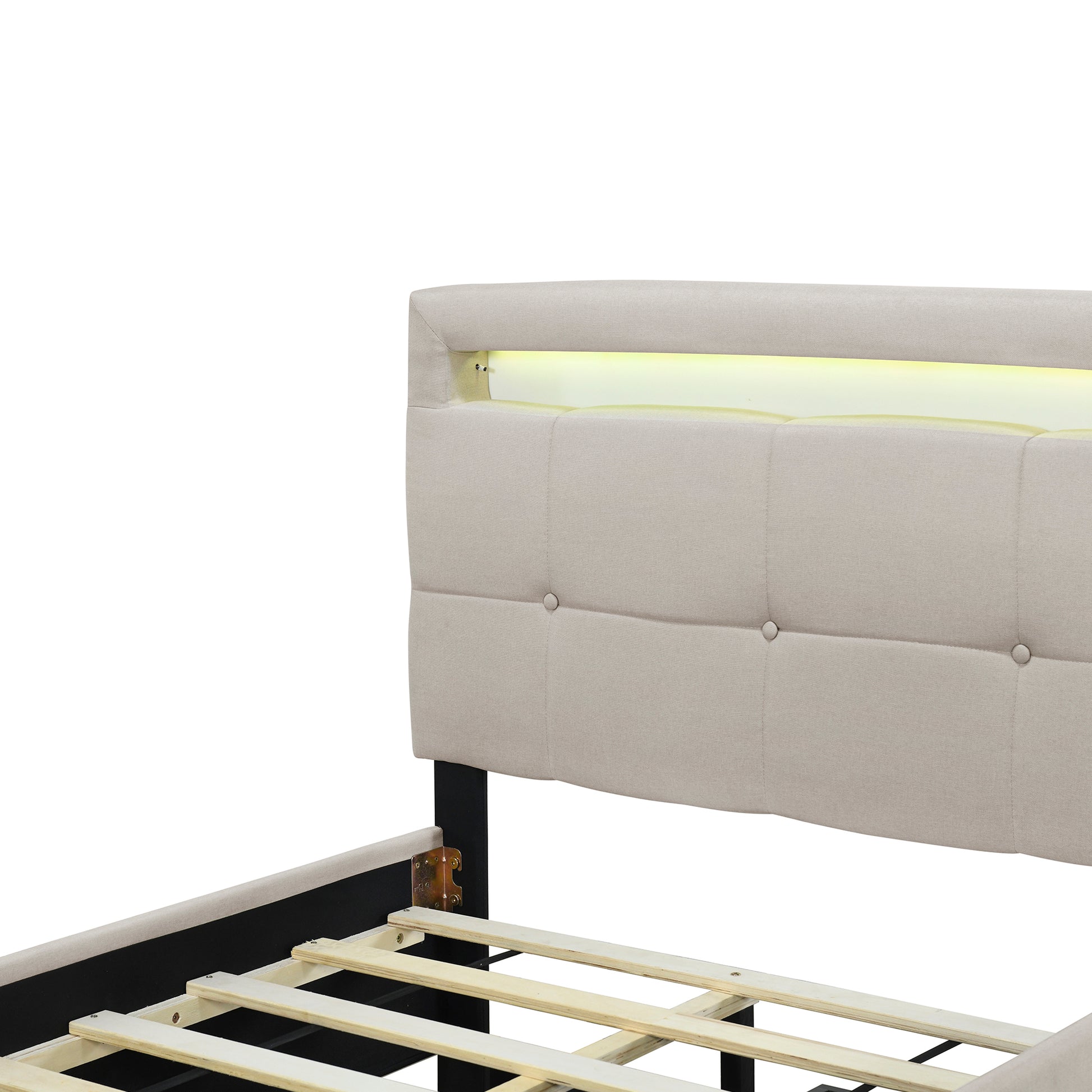 Twin Size Upholstered Platform Bed With Led Frame And 2 Drawers, Linen Fabric, Beige Beige Linen