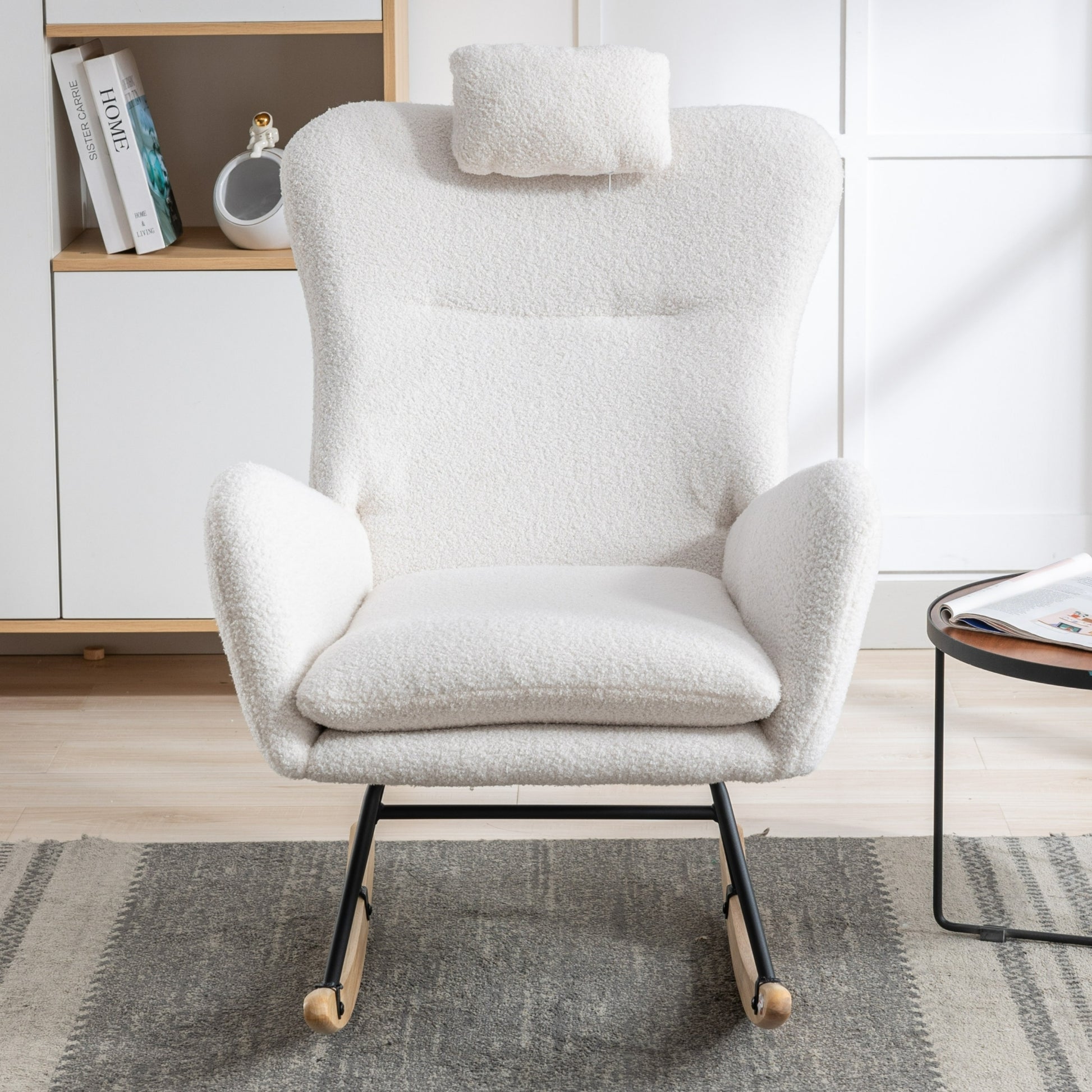35.5 Inch Rocking Chair With Pocket, Soft Teddy Fabric Rocking Chair For Nursery, Comfy Wingback Glider Rocker With Safe Solid Wood Base For Living Room Bedroom Balcony White White Casual Foam Teddy