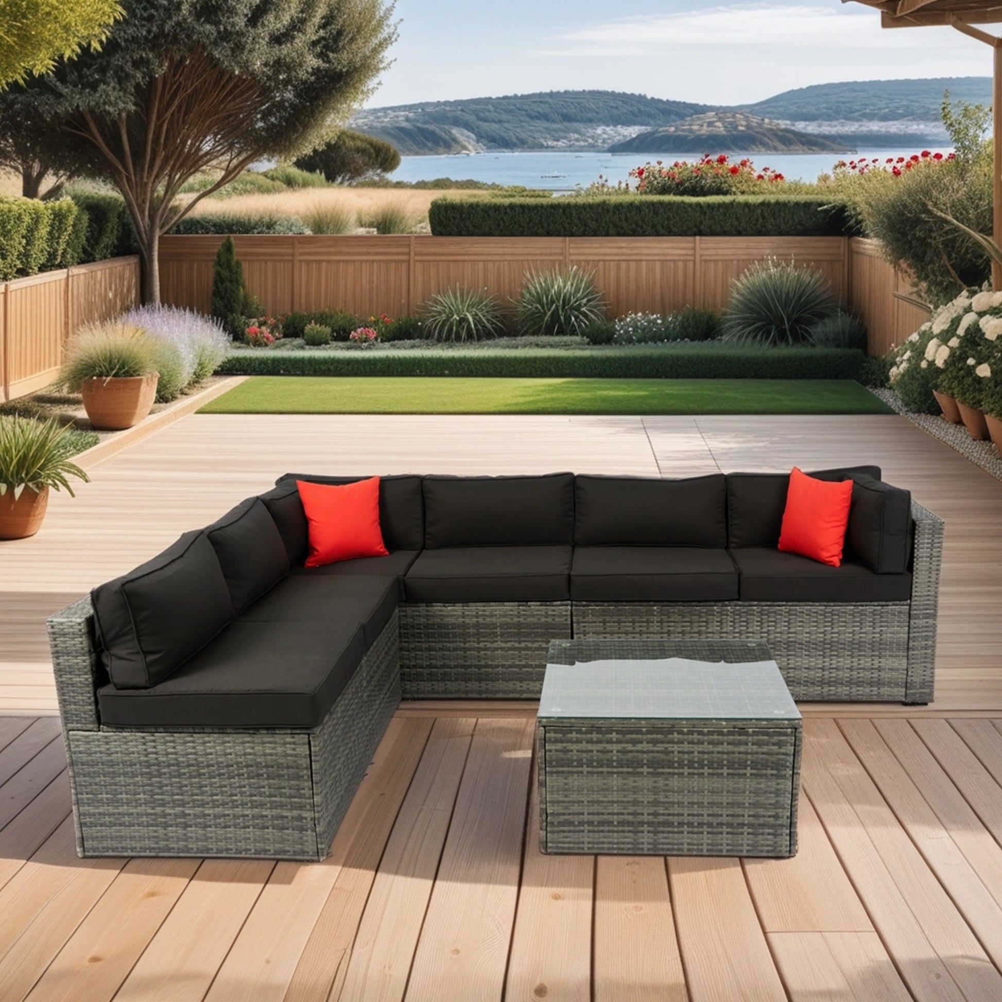 5 Pieces Pe Rattan Sectional Outdoor Furniture Cushioned U Sofa Set With 2 Pillow Grey Wicker Black Cushion Yes Sectional Black Grey Weather Resistant Frame Mildew Resistant Cushion Garden & Outdoor Modern Complete Patio Sets Fiber Foam And Polyester