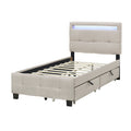 Twin Size Upholstered Platform Bed With Led Frame And 2 Drawers, Linen Fabric, Beige Beige Linen