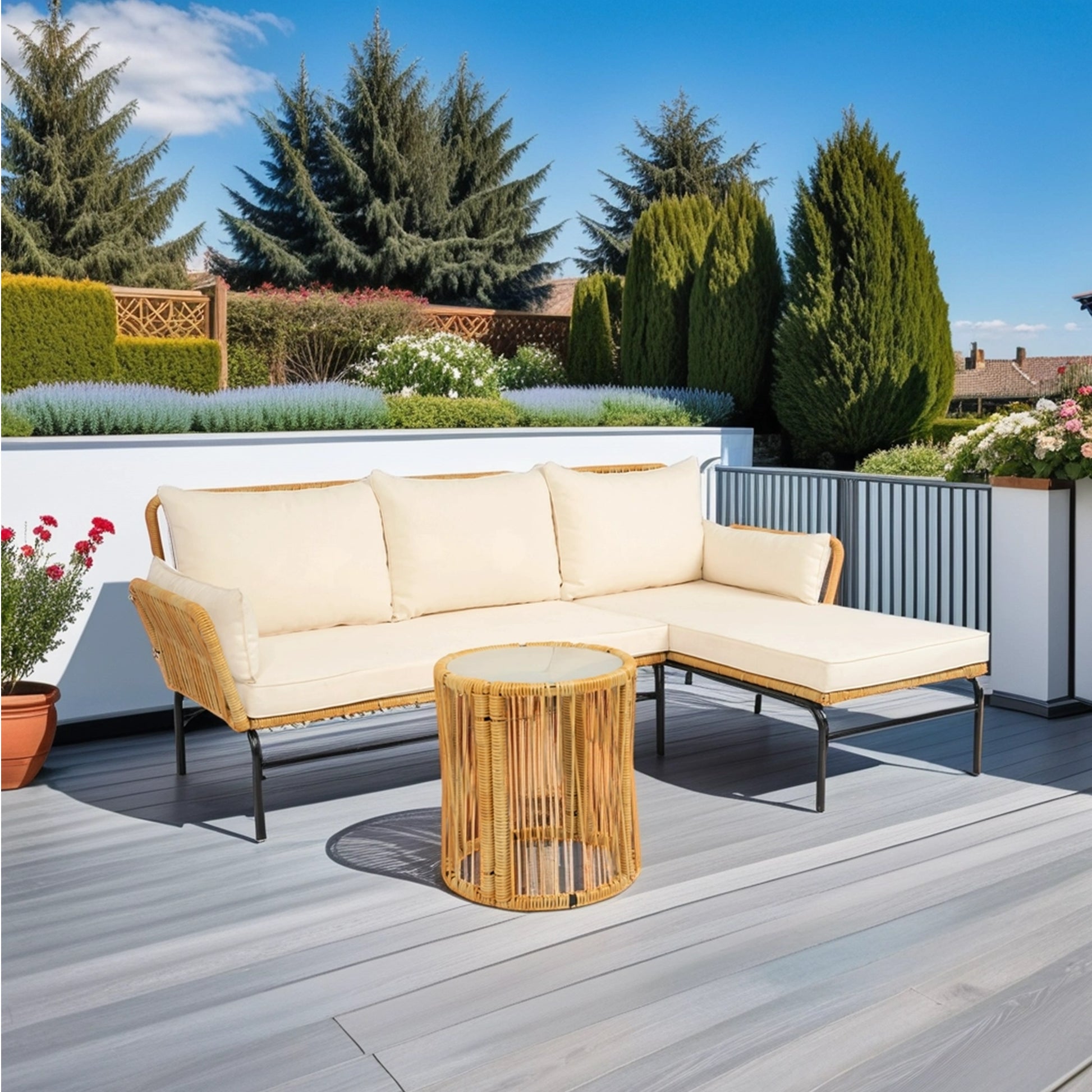 3 Pieces Outdoor Patio Wicker Furniture Sets Table And Chairs With 3.15 Inches Thick Cushion Outdoor Sofa Set Natural Yellow Wicker Creme Cushion Yes Complete Patio Set Light Yellow Rust Resistant Frame Mildew Resistant Cushion Garden & Outdoor Modern