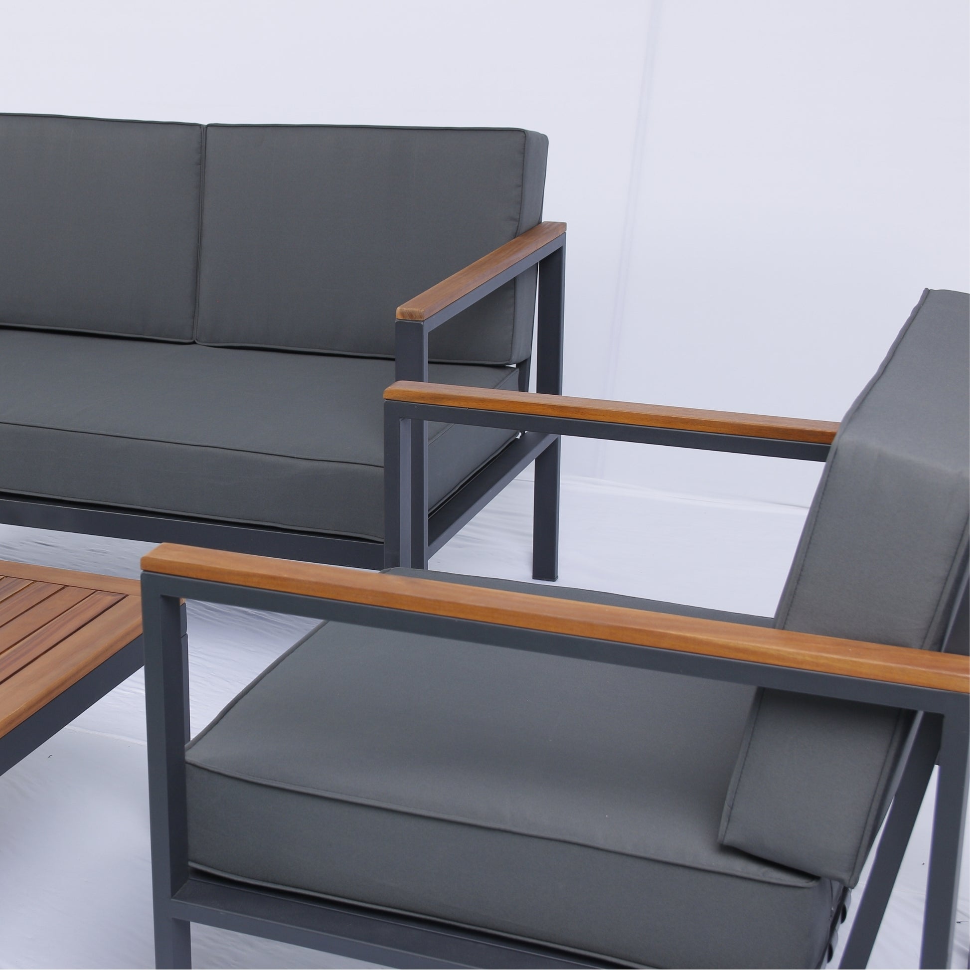4 Piece Outdoor Sofa Set With Acacia Wood Top, Padded Patio Conversation Table Chair Set W Coffee Table For Garden, Backyard, Poolside Dark Grey Cushion Yes Complete Patio Set Dark Grey Rust Resistant Frame Mildew Resistant Cushion Garden & Outdoor