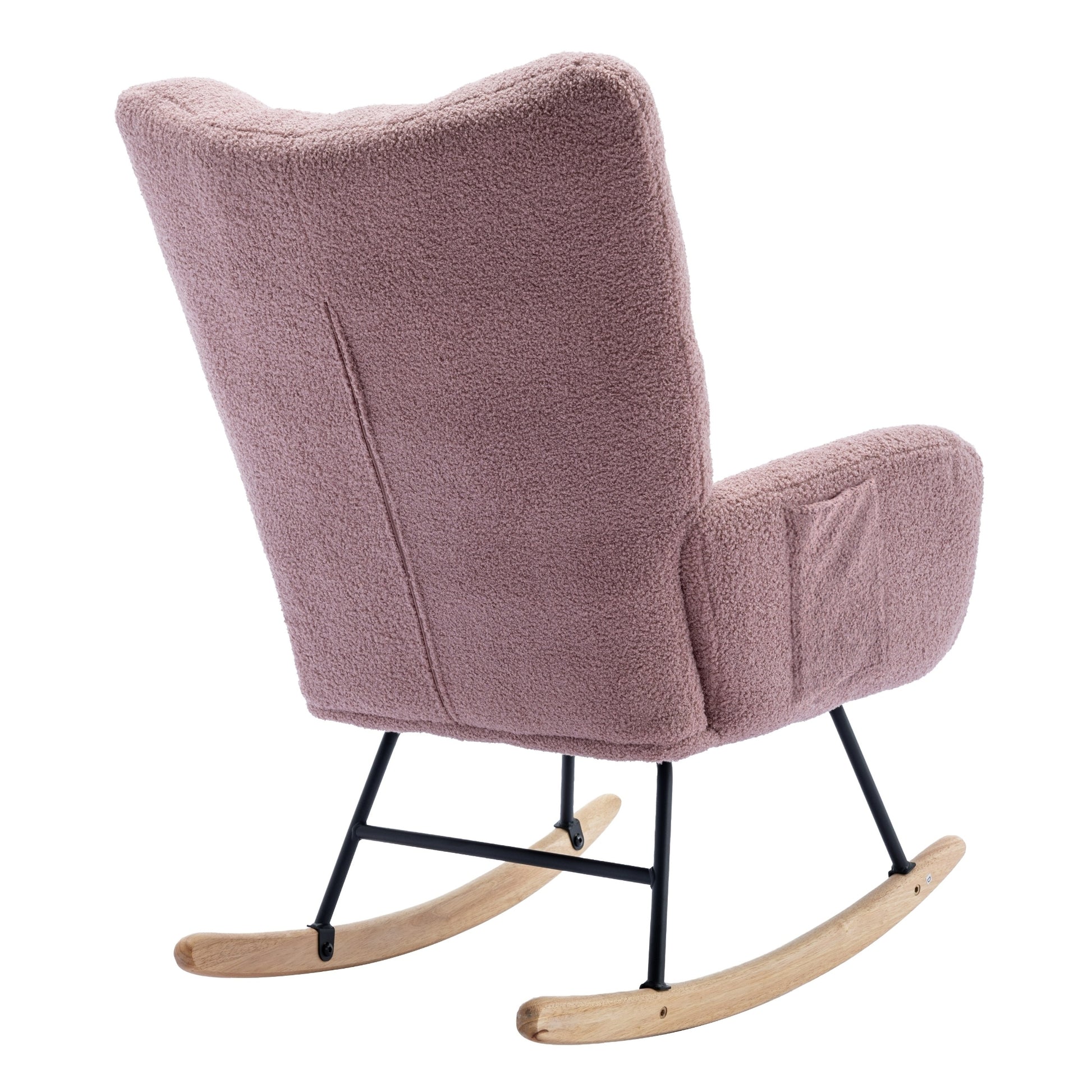 Rocking Chair With Pocket, Soft Teddy Fabric Rocking Chair For Nursery, Comfy Wingback Glider Rocker With Safe Solid Wood Base For Living Room Bedroom Balcony Pink Pink Casual Foam Teddy