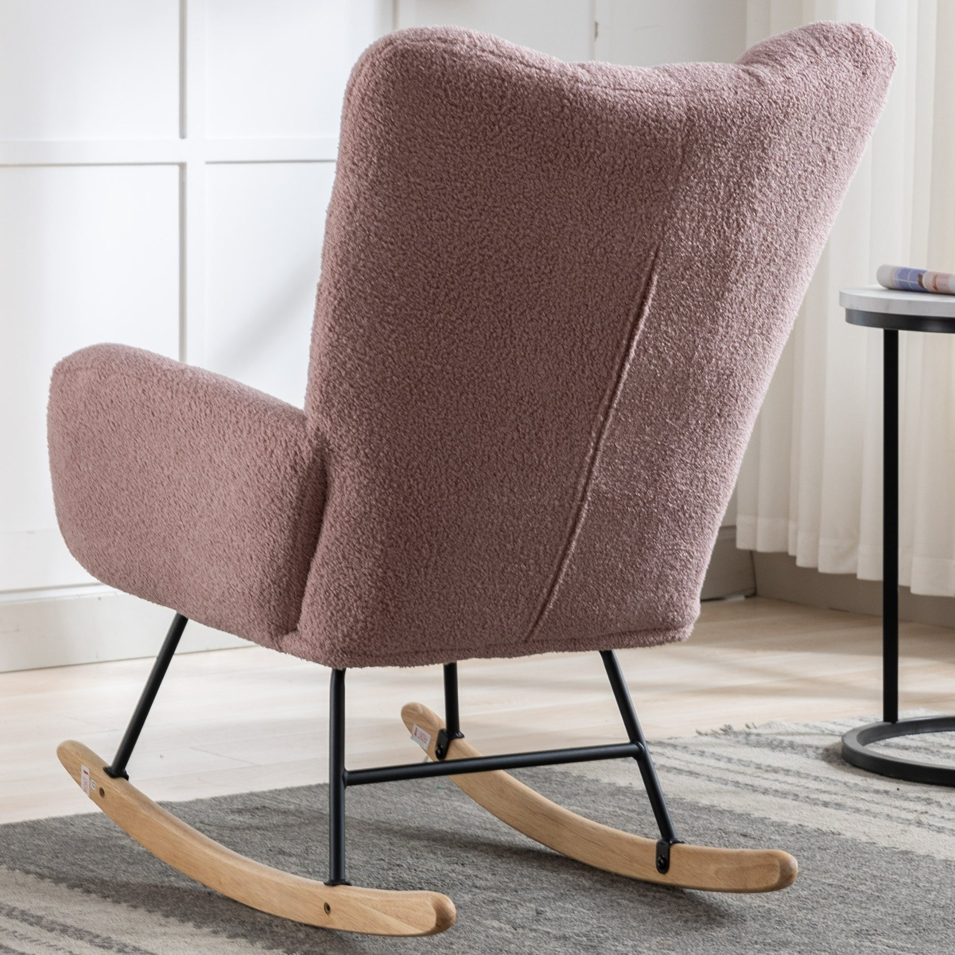 Rocking Chair With Pocket, Soft Teddy Fabric Rocking Chair For Nursery, Comfy Wingback Glider Rocker With Safe Solid Wood Base For Living Room Bedroom Balcony Pink Pink Casual Foam Teddy