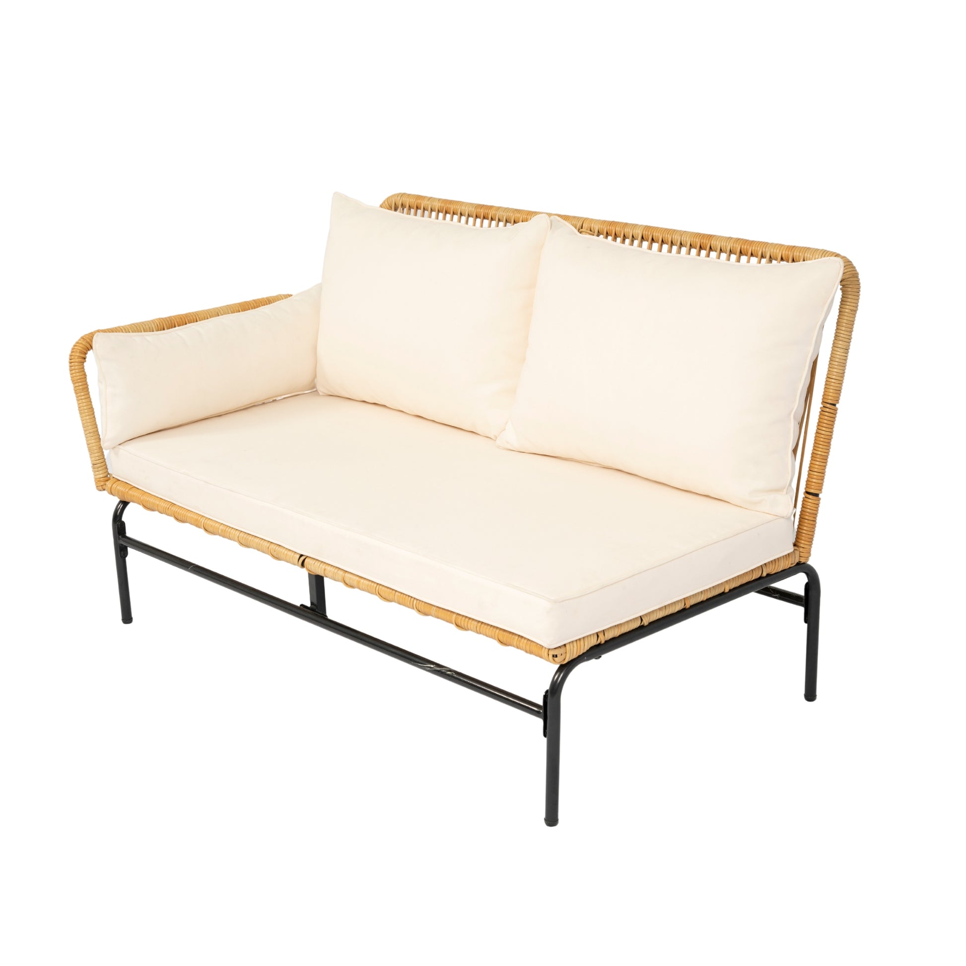 3 Pieces Outdoor Patio Wicker Furniture Sets Table And Chairs With 3.15 Inches Thick Cushion Outdoor Sofa Set Natural Yellow Wicker Creme Cushion Yes Complete Patio Set Light Yellow Rust Resistant Frame Mildew Resistant Cushion Garden & Outdoor Modern