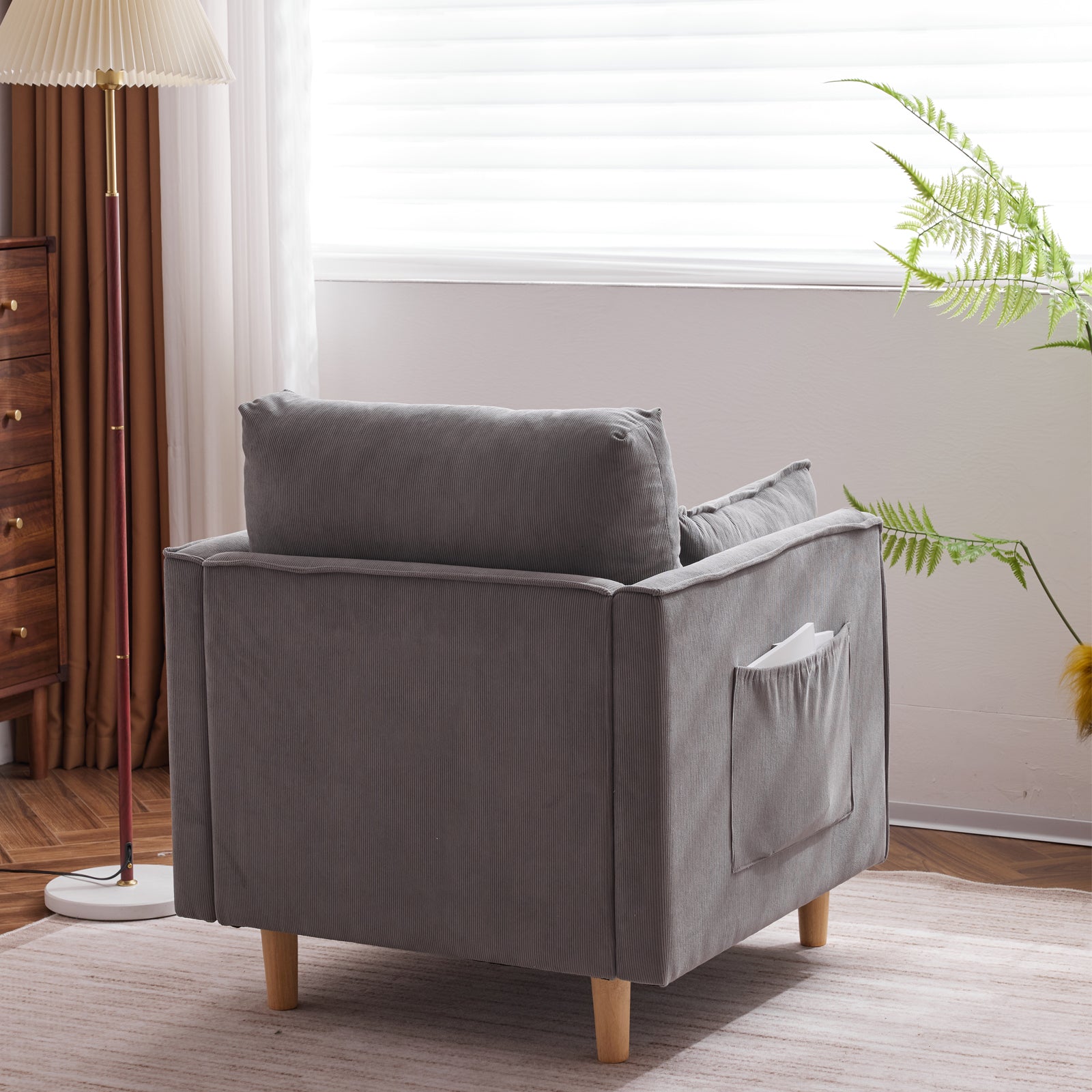 29.5 "W Modern Fabric Decorative Chair Armchair Upholstered Reading Chair Single Sofa Casual Club Chair With Solid Wooden Feet And 2 Pillow, For Living Room, Bedroom, Bed Room, Office, Corduroy Fabric Grey Foam Corduroy