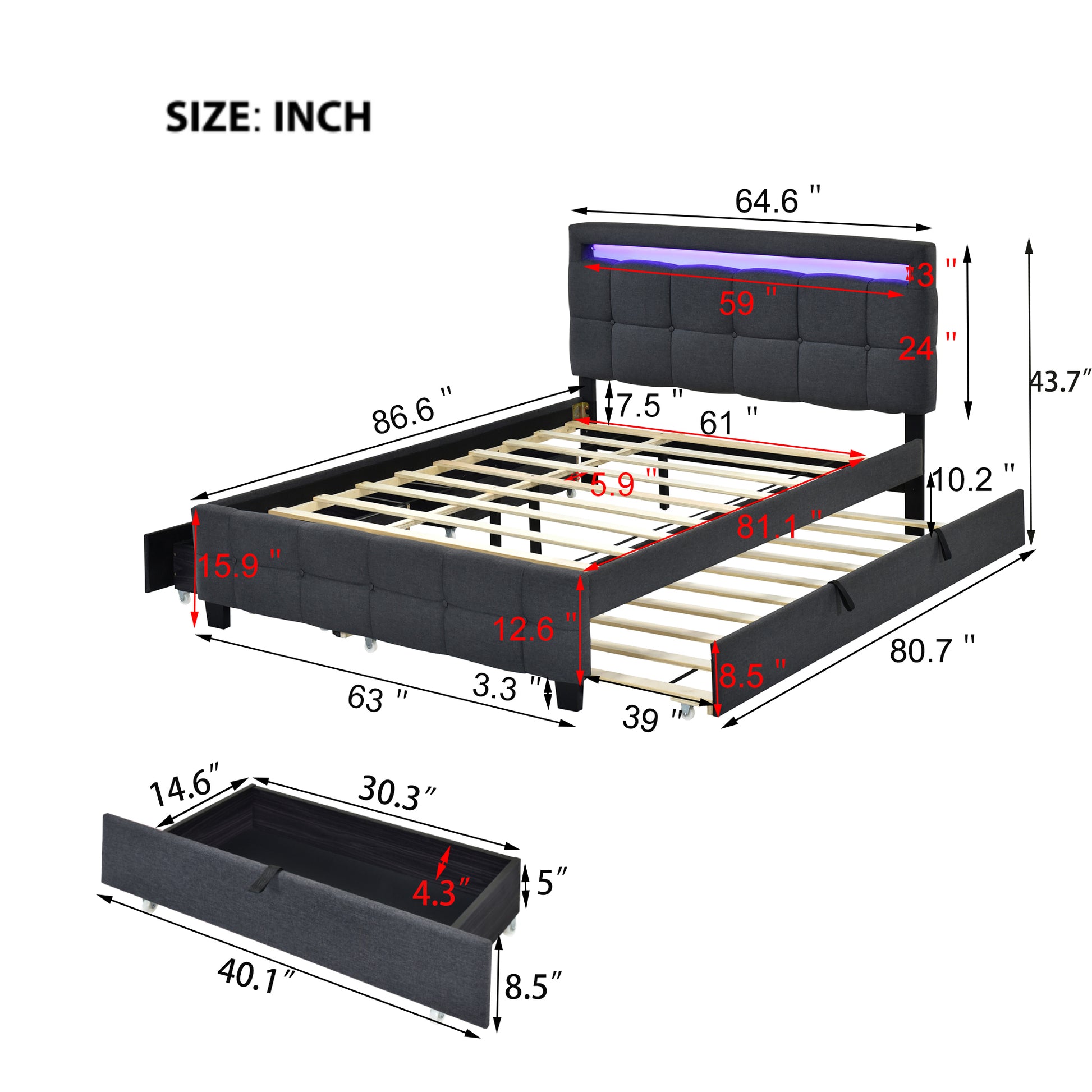 Queen Size Upholstered Platform Bed With Led Frame, With Twin Xl Size Trundle And 2 Drawers, Linen Fabric, Gray Gray Linen