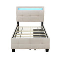 Twin Size Upholstered Platform Bed With Led Frame And 2 Drawers, Linen Fabric, Beige Beige Linen