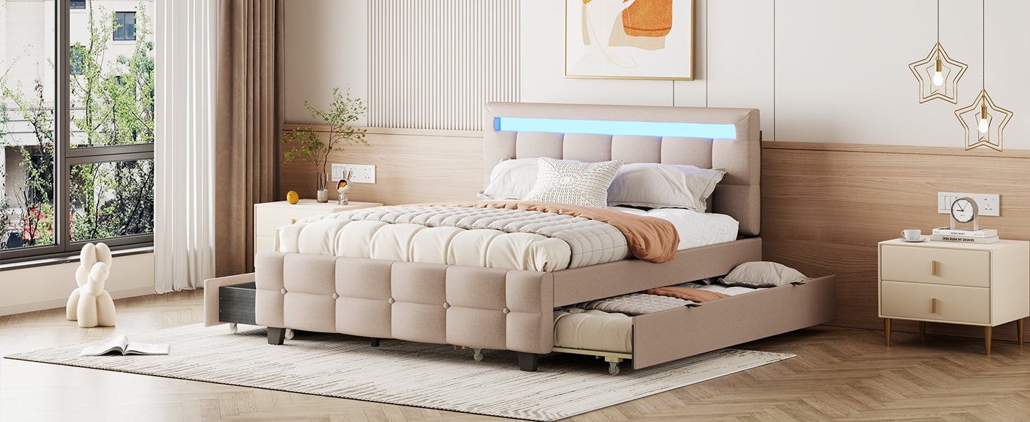 Queen Size Upholstered Platform Bed With Led Frame, With Twin Xl Size Trundle And 2 Drawers, Linen Fabric, Beige Beige Linen