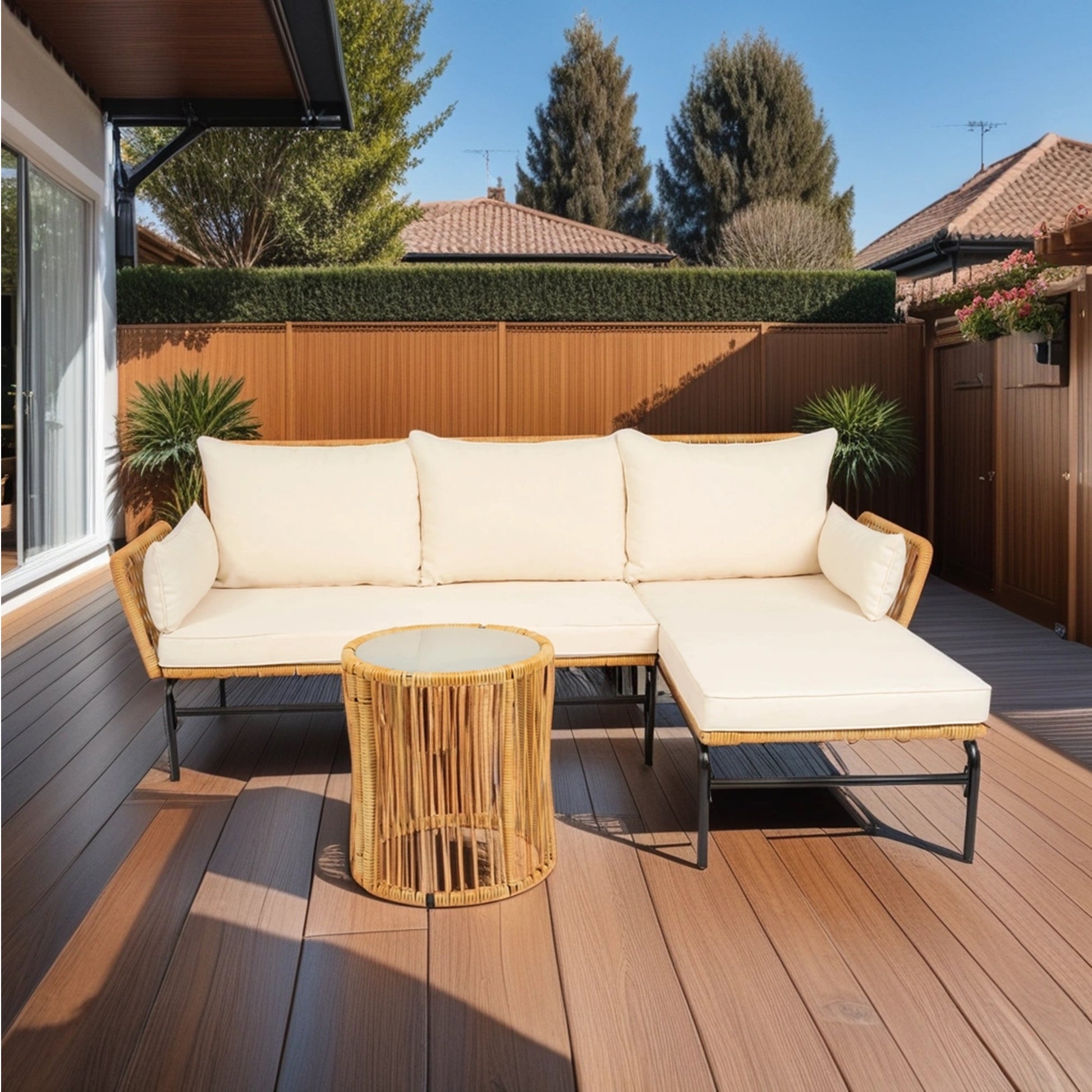 3 Pieces Outdoor Patio Wicker Furniture Sets Table And Chairs With 3.15 Inches Thick Cushion Outdoor Sofa Set Natural Yellow Wicker Creme Cushion Yes Complete Patio Set Light Yellow Rust Resistant Frame Mildew Resistant Cushion Garden & Outdoor Modern