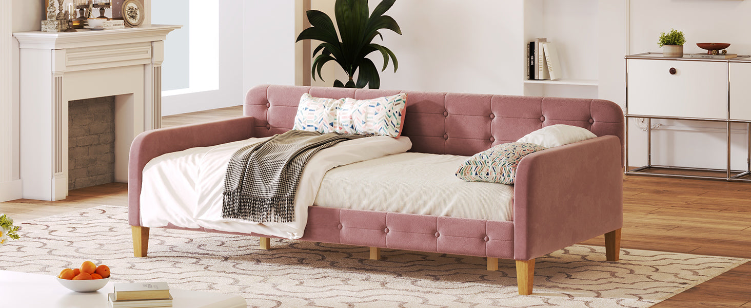 Twin Size Upholstered Daybed With 4 Support Legs, Pink Twin Pink Upholstered