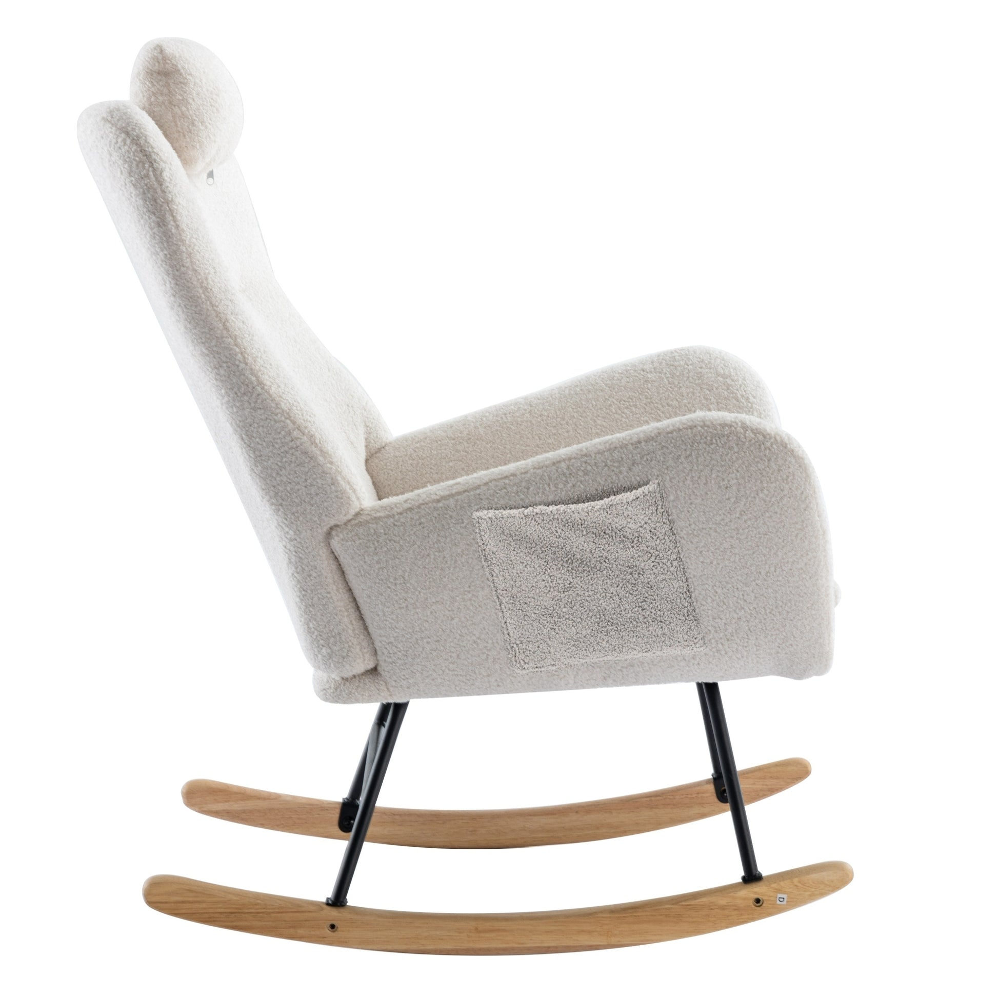 35.5 Inch Rocking Chair With Pocket, Soft Teddy Fabric Rocking Chair For Nursery, Comfy Wingback Glider Rocker With Safe Solid Wood Base For Living Room Bedroom Balcony White White Casual Foam Teddy