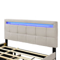 Queen Size Upholstered Platform Bed With Led Frame, With Twin Xl Size Trundle And 2 Drawers, Linen Fabric, Beige Beige Linen