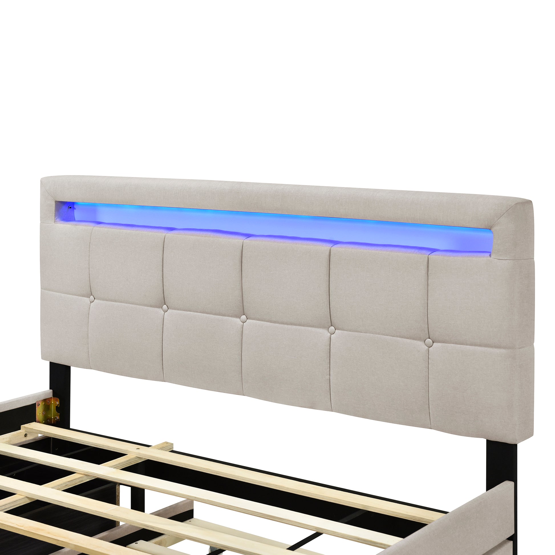 Queen Size Upholstered Platform Bed With Led Frame, With Twin Xl Size Trundle And 2 Drawers, Linen Fabric, Beige Beige Linen
