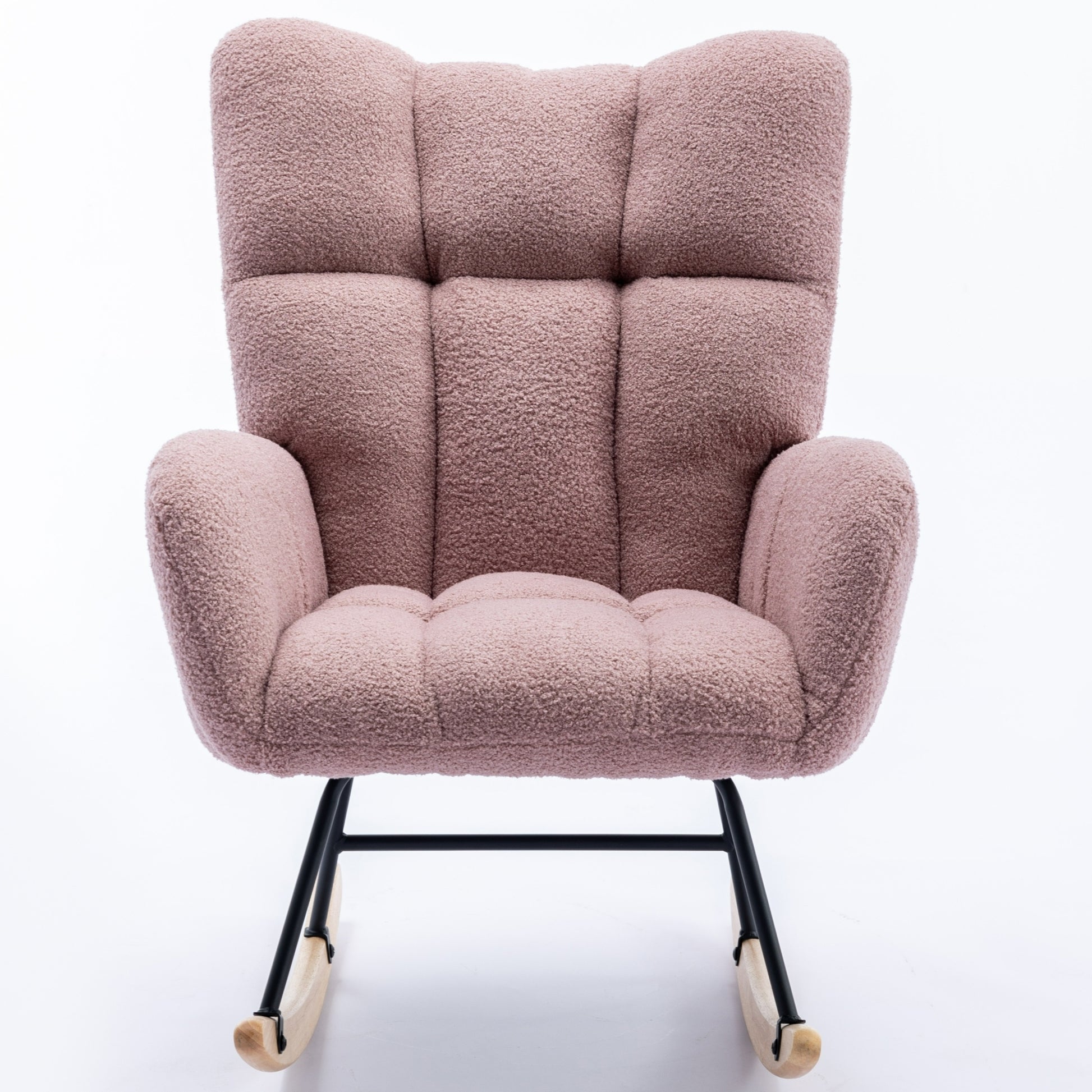 Rocking Chair With Pocket, Soft Teddy Fabric Rocking Chair For Nursery, Comfy Wingback Glider Rocker With Safe Solid Wood Base For Living Room Bedroom Balcony Pink Pink Casual Foam Teddy