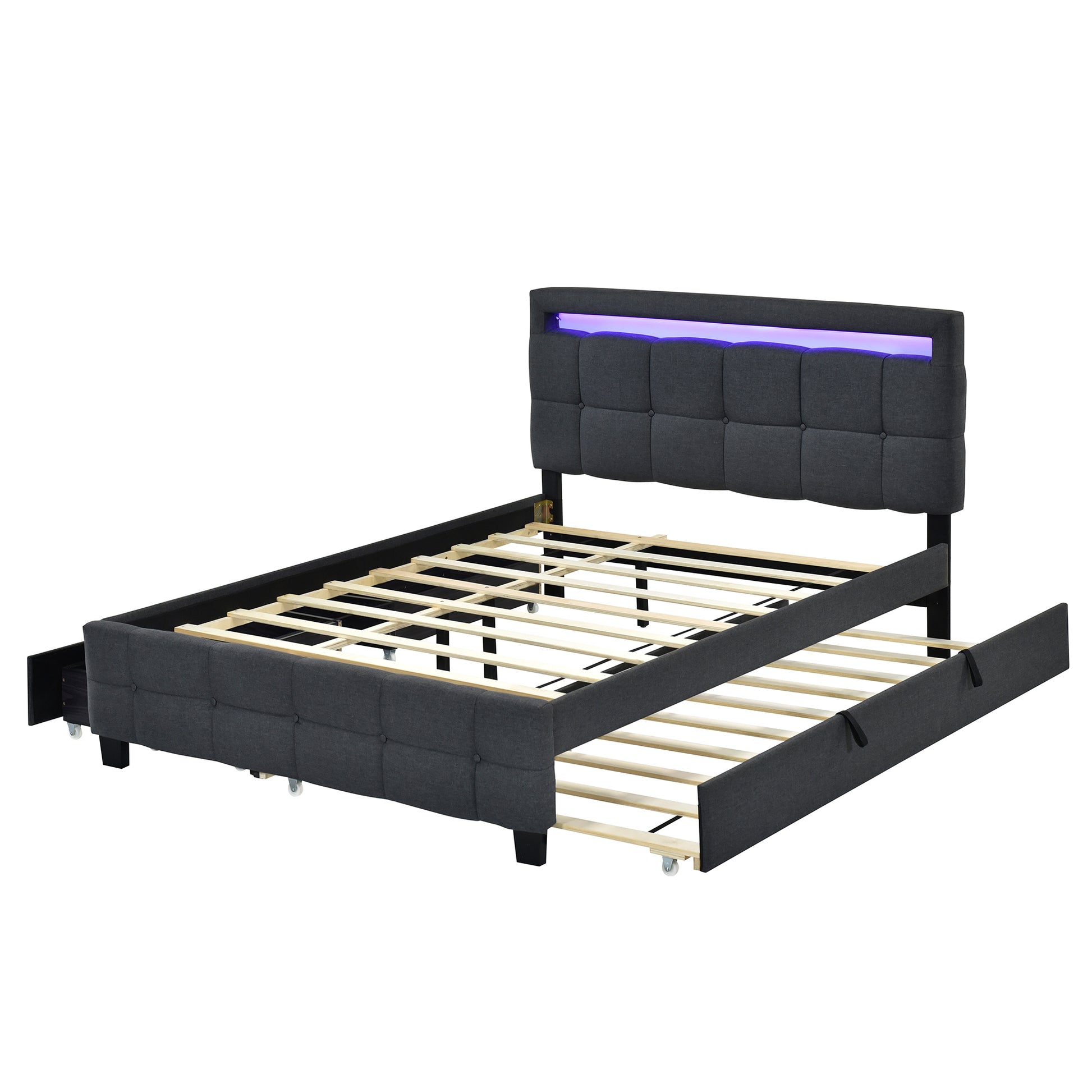 Queen Size Upholstered Platform Bed With Led Frame, With Twin Xl Size Trundle And 2 Drawers, Linen Fabric, Gray Gray Linen