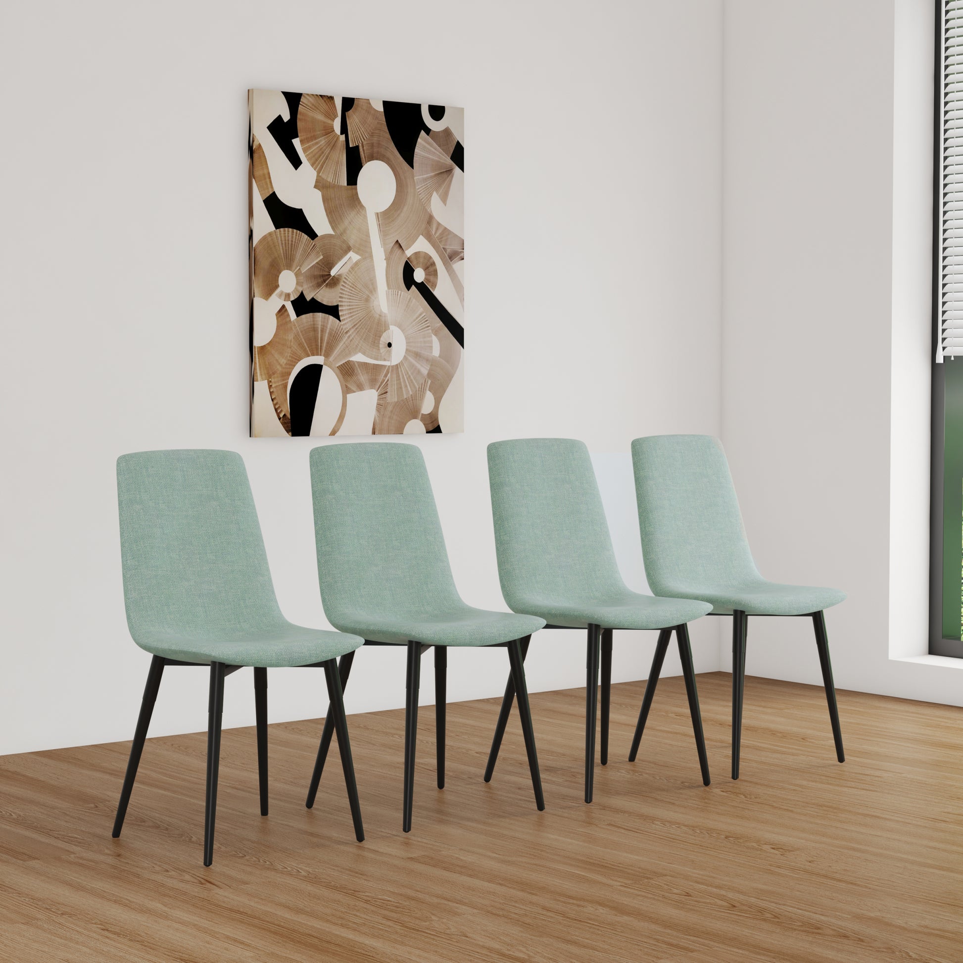 Round Mdf Dining Table Set For 4, White Dining Table Mdf Easy Clean With Durable Black Metal Legs, 4 Pcs Comfortable Dining Chair Linen Upholstered Chair For Restaurant,Guest Receptions Metal White Green Seats 4 Metal Dining Room American Design 4 Leg