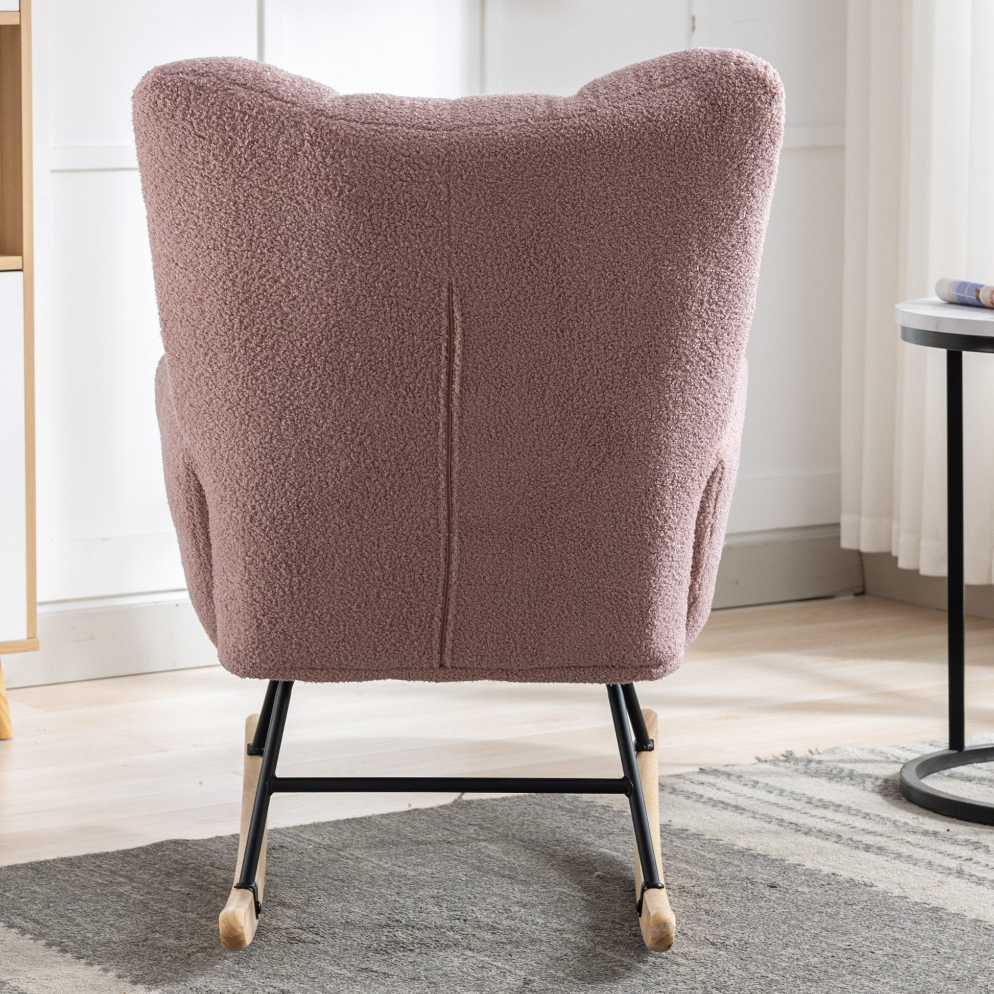 Rocking Chair With Pocket, Soft Teddy Fabric Rocking Chair For Nursery, Comfy Wingback Glider Rocker With Safe Solid Wood Base For Living Room Bedroom Balcony Pink Pink Casual Foam Teddy