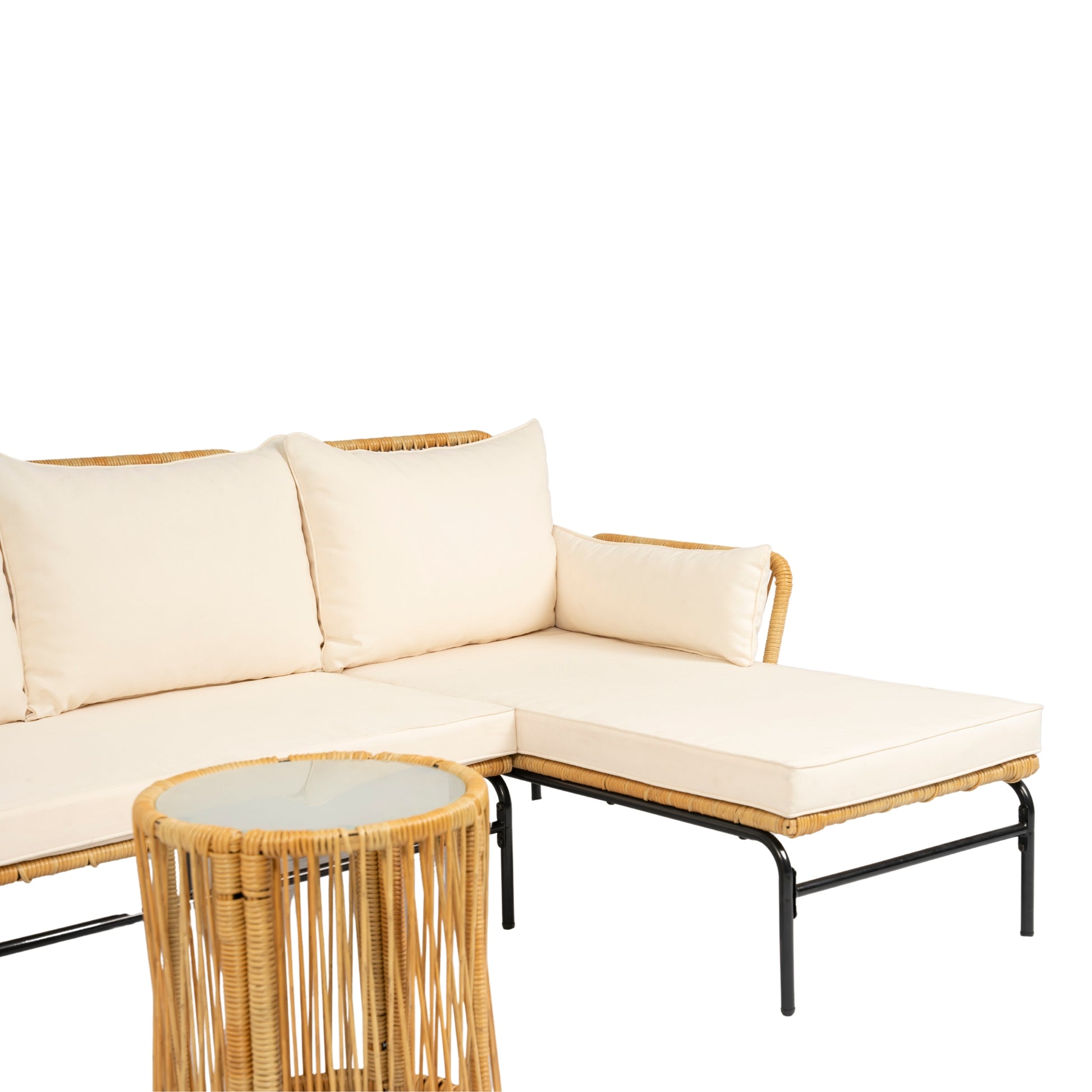 3 Pieces Outdoor Patio Wicker Furniture Sets Table And Chairs With 3.15 Inches Thick Cushion Outdoor Sofa Set Natural Yellow Wicker Creme Cushion Yes Complete Patio Set Light Yellow Rust Resistant Frame Mildew Resistant Cushion Garden & Outdoor Modern