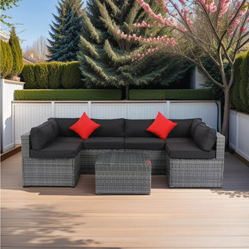 5 Pieces Pe Rattan Sectional Outdoor Furniture Cushioned U Sofa Set With 2 Pillow Grey Wicker Black Cushion Yes Sectional Black Grey Weather Resistant Frame Mildew Resistant Cushion Garden & Outdoor Modern Complete Patio Sets Fiber Foam And Polyester