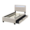 Twin Size Upholstered Platform Bed With Led Frame And 2 Drawers, Linen Fabric, Beige Beige Linen