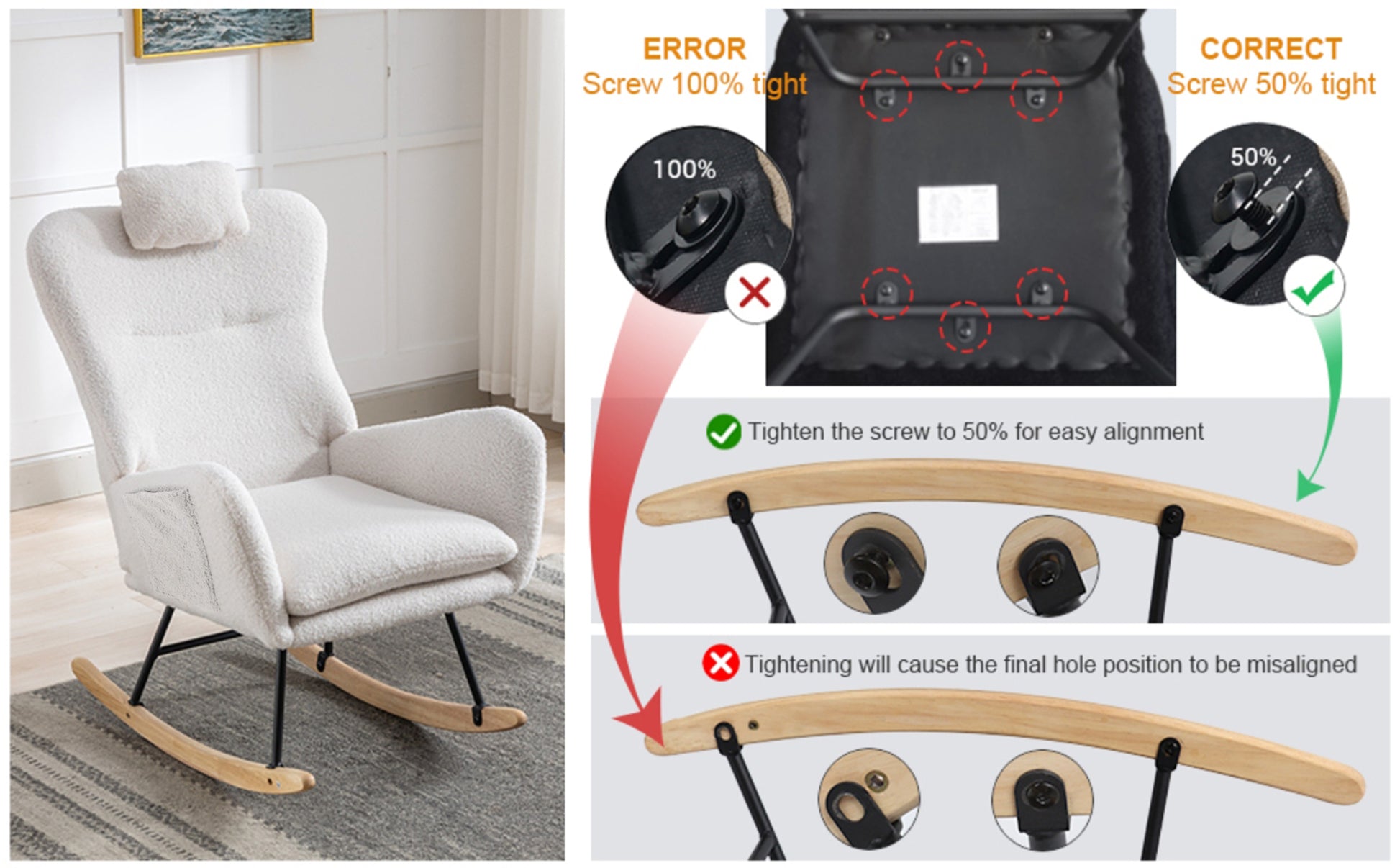 35.5 Inch Rocking Chair With Pocket, Soft Teddy Fabric Rocking Chair For Nursery, Comfy Wingback Glider Rocker With Safe Solid Wood Base For Living Room Bedroom Balcony White White Casual Foam Teddy