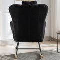 35.5 Inch Rocking Chair With Pocket, Soft Teddy Fabric Rocking Chair For Nursery, Comfy Wingback Glider Rocker With Safe Solid Wood Base For Living Room Bedroom Balcony Black Black Casual Foam Teddy