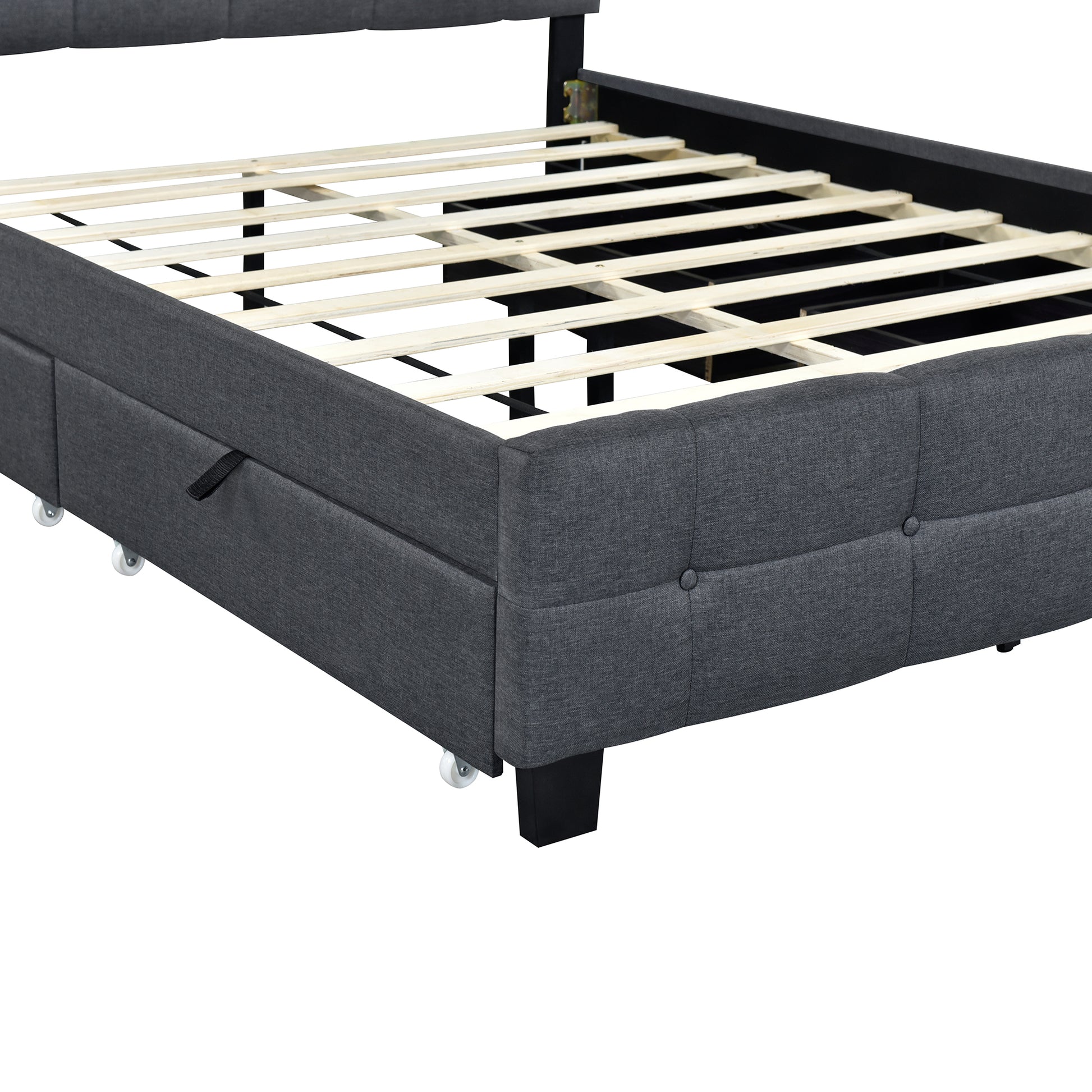 Queen Size Upholstered Platform Bed With Led Frame And 4 Drawers, Linen Fabric, Gray Gray Linen