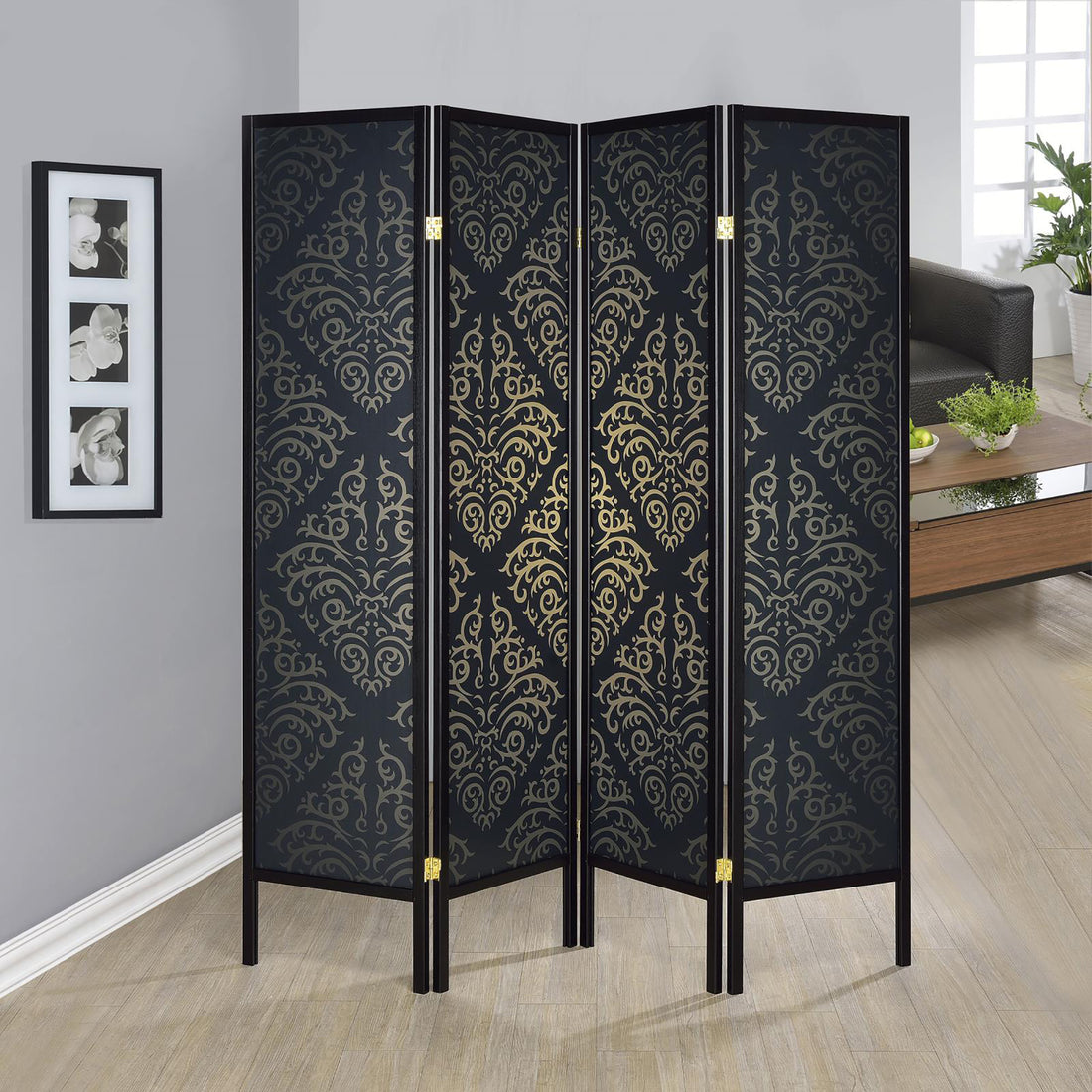 Black 4 Panel Folding Screen Black Traditional Wood