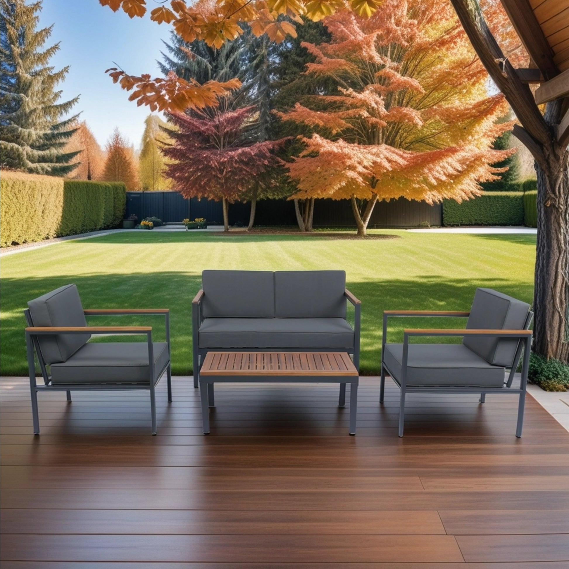 4 Piece Outdoor Sofa Set With Acacia Wood Top, Padded Patio Conversation Table Chair Set W Coffee Table For Garden, Backyard, Poolside Dark Grey Cushion Yes Complete Patio Set Dark Grey Rust Resistant Frame Mildew Resistant Cushion Garden & Outdoor
