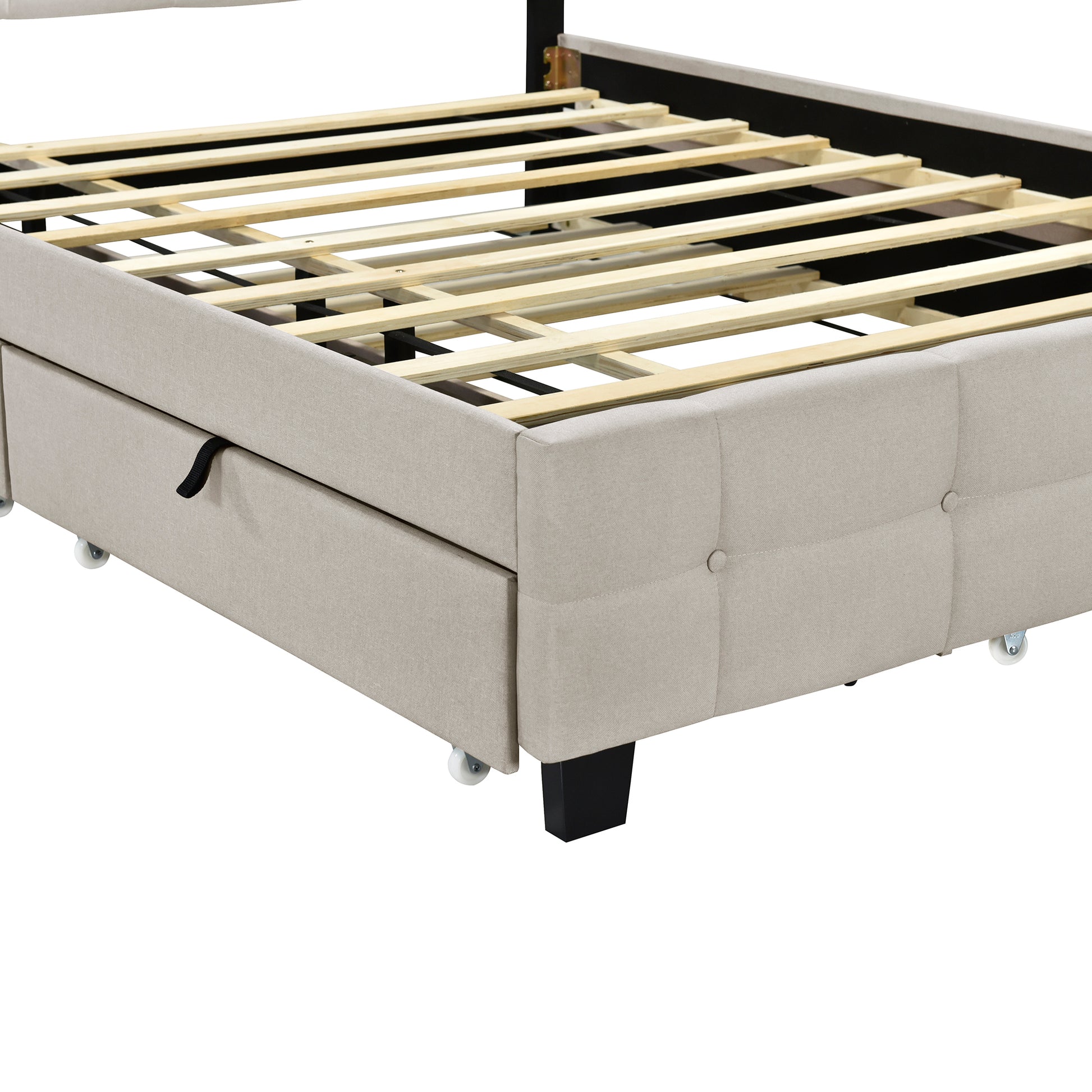 Queen Size Upholstered Platform Bed With Led Frame, With Twin Xl Size Trundle And 2 Drawers, Linen Fabric, Beige Beige Linen