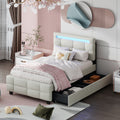 Twin Size Upholstered Platform Bed With Led Frame And 2 Drawers, Linen Fabric, Beige Beige Linen