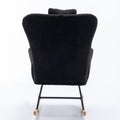 35.5 Inch Rocking Chair With Pocket, Soft Teddy Fabric Rocking Chair For Nursery, Comfy Wingback Glider Rocker With Safe Solid Wood Base For Living Room Bedroom Balcony Black Black Casual Foam Teddy