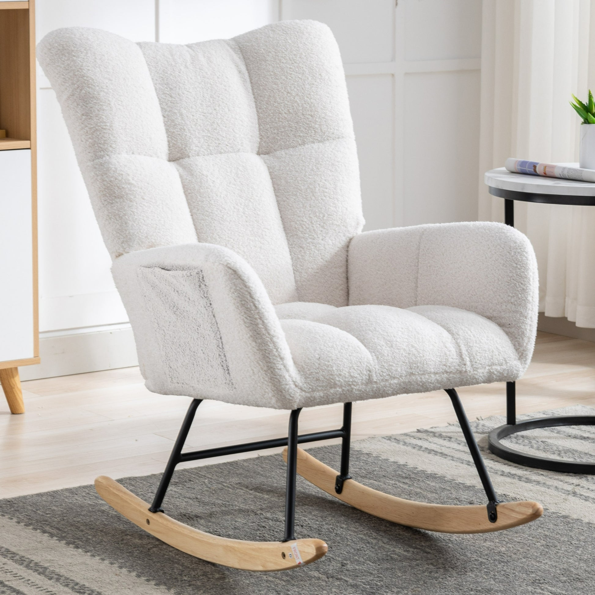 Rocking Chair With Pocket, Soft Teddy Fabric Rocking Chair For Nursery, Comfy Wingback Glider Rocker With Safe Solid Wood Base For Living Room Bedroom Balcony White White Casual Foam Teddy