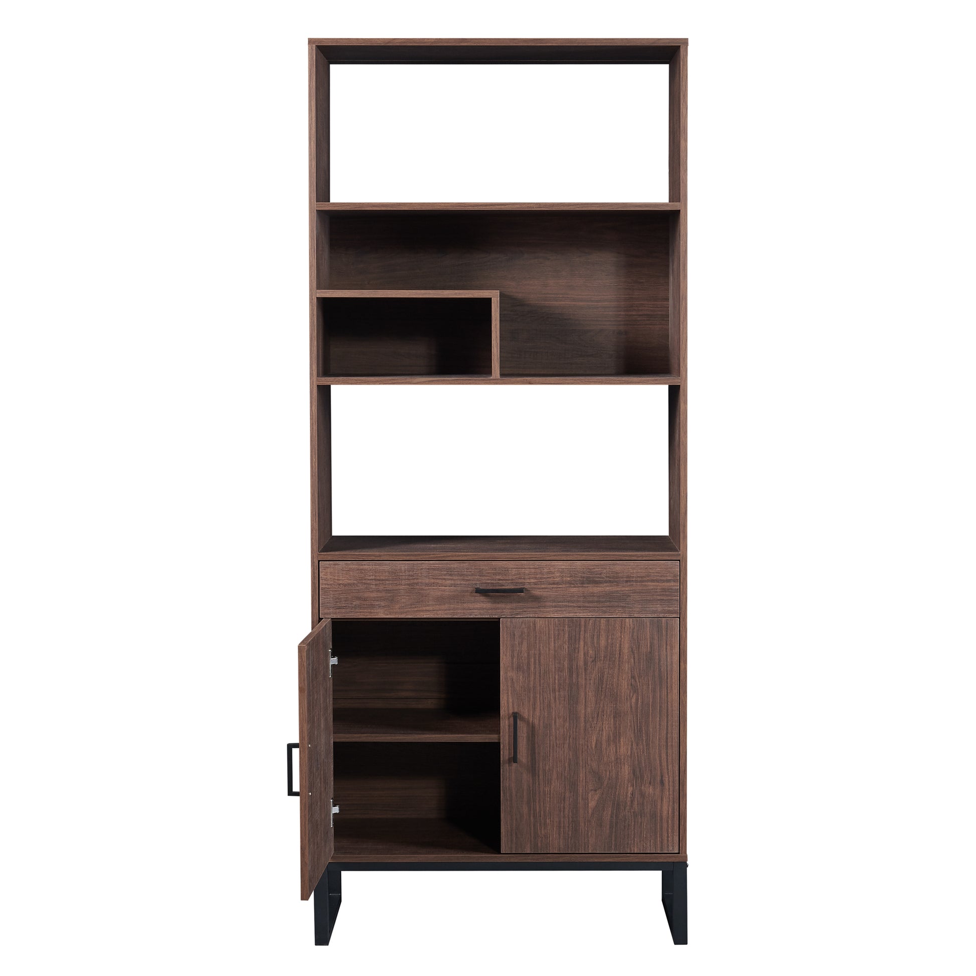 75.9"Modern Open Bookshelf With Doors, Bookcase With Storage Drawer And Led Strip Lights,Free Standing Display Rack,Wooden Tall Bookshelf For Living Room And Office, Walnut Walnut Mdf