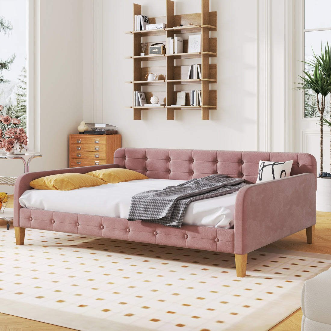 Full Size Upholstered Daybed With 4 Support Legs,Pink Full Pink Upholstered