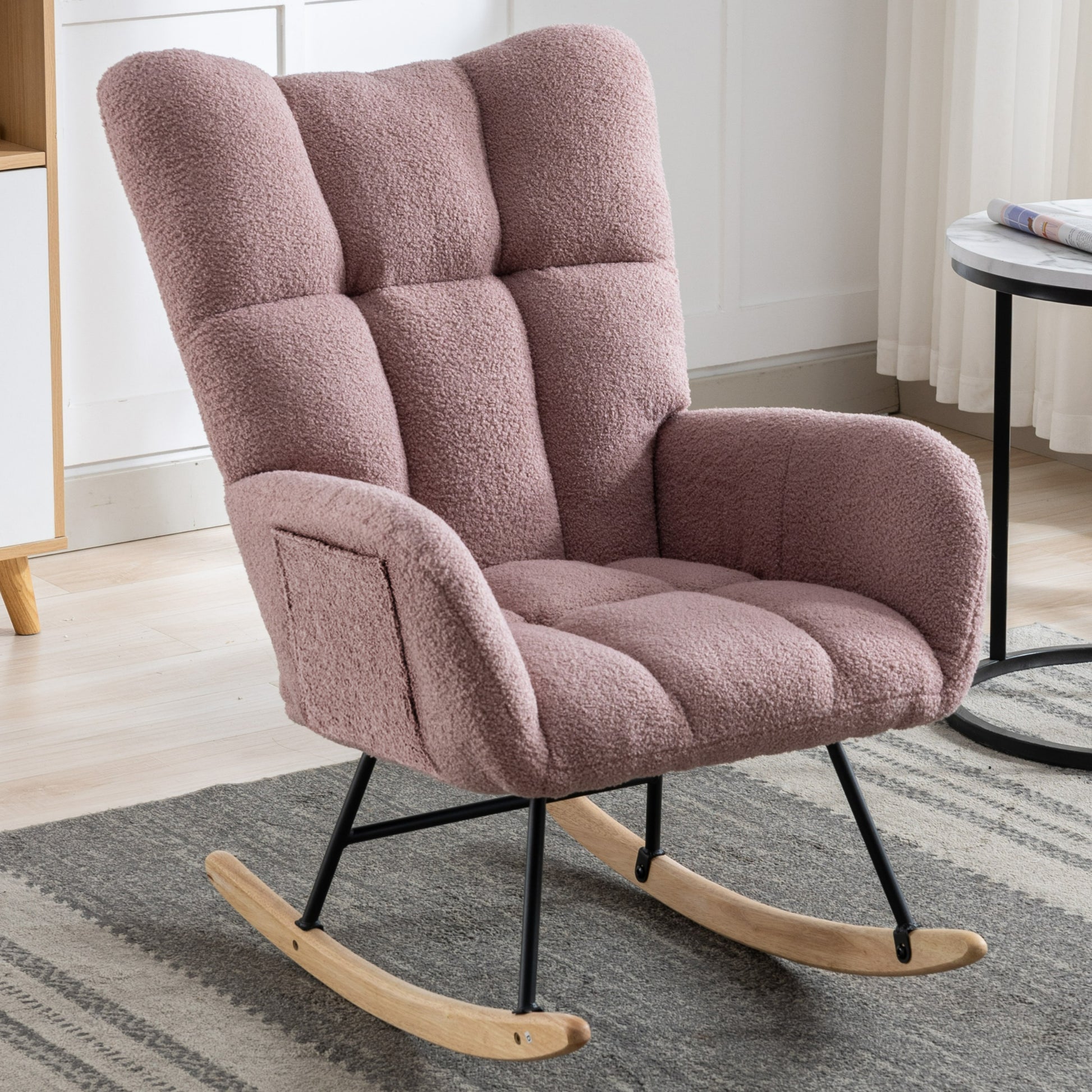 Rocking Chair With Pocket, Soft Teddy Fabric Rocking Chair For Nursery, Comfy Wingback Glider Rocker With Safe Solid Wood Base For Living Room Bedroom Balcony Pink Pink Casual Foam Teddy