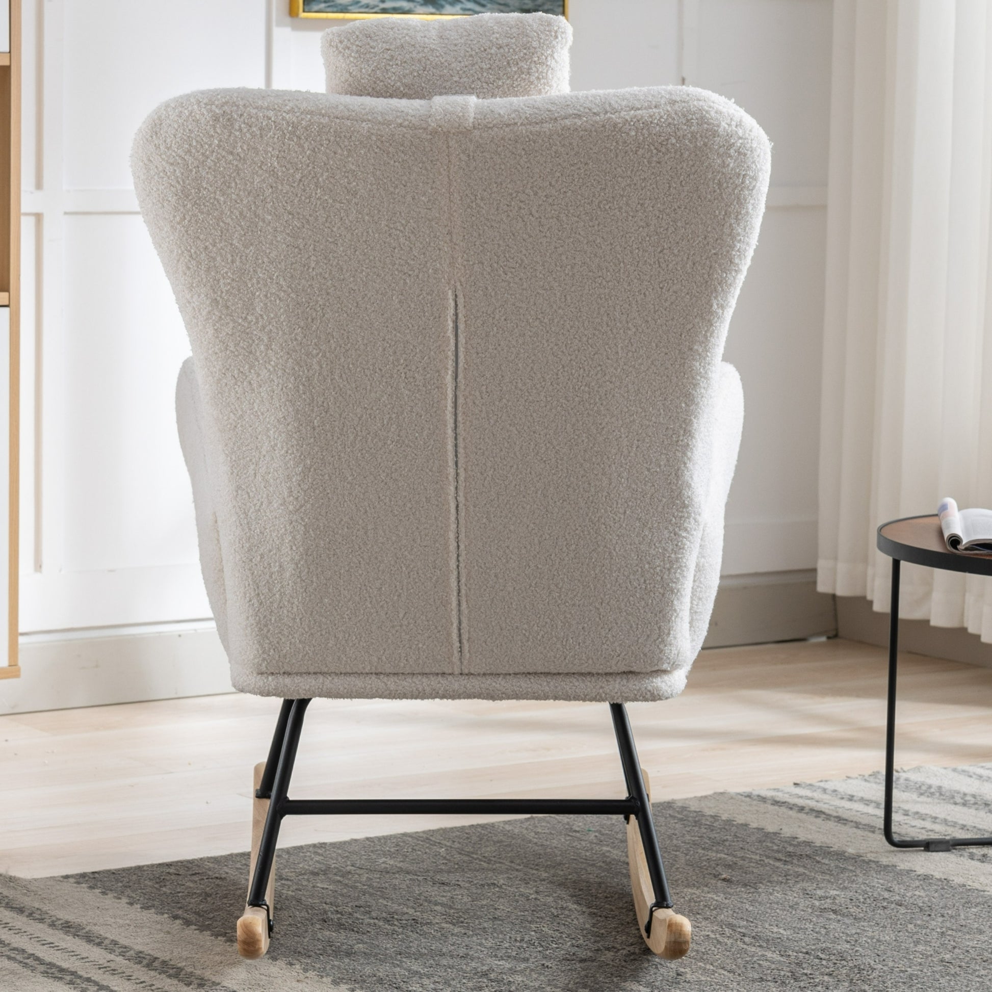 35.5 Inch Rocking Chair With Pocket, Soft Teddy Fabric Rocking Chair For Nursery, Comfy Wingback Glider Rocker With Safe Solid Wood Base For Living Room Bedroom Balcony White White Casual Foam Teddy