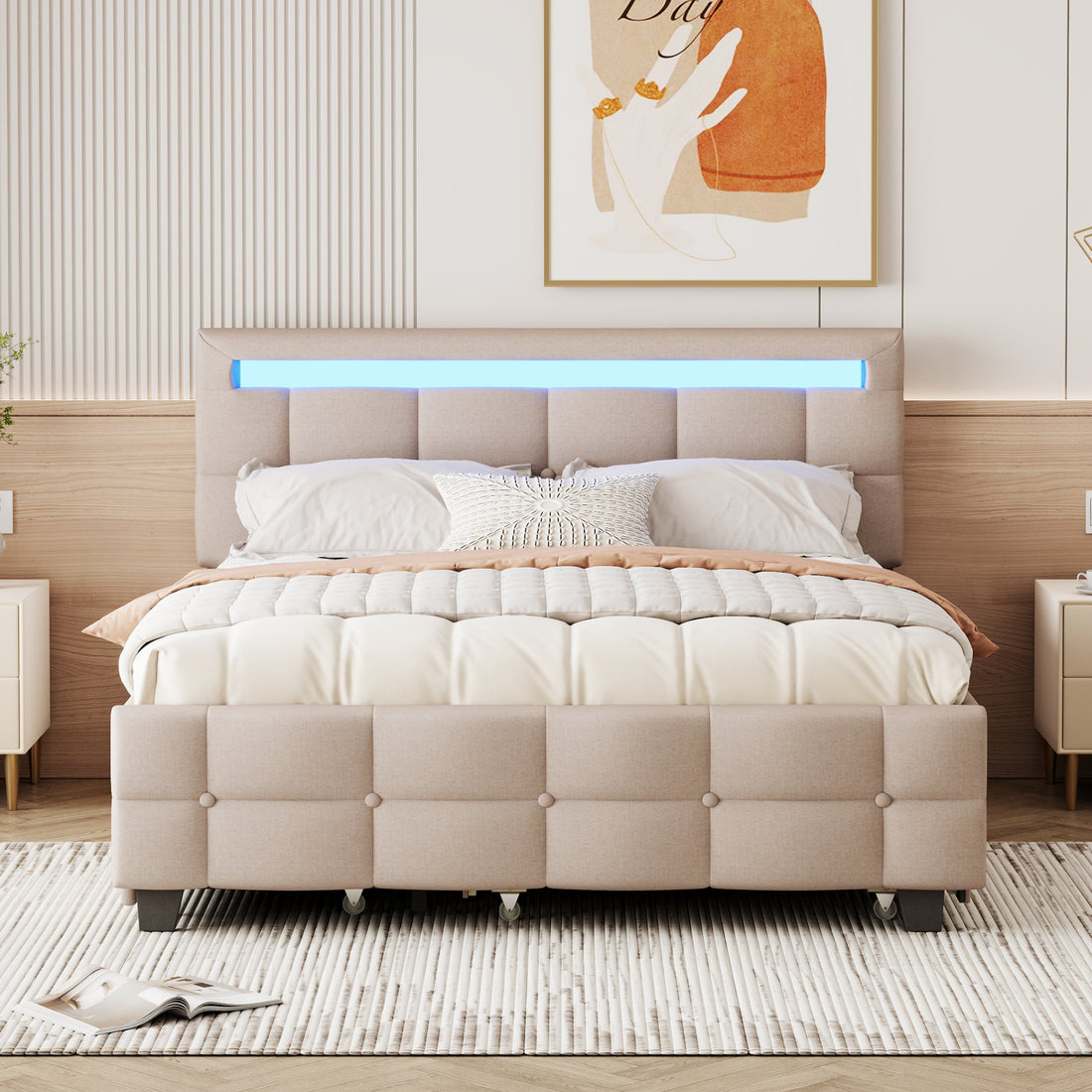 Queen Size Upholstered Platform Bed With Led Frame, With Twin Xl Size Trundle And 2 Drawers, Linen Fabric, Beige Beige Linen